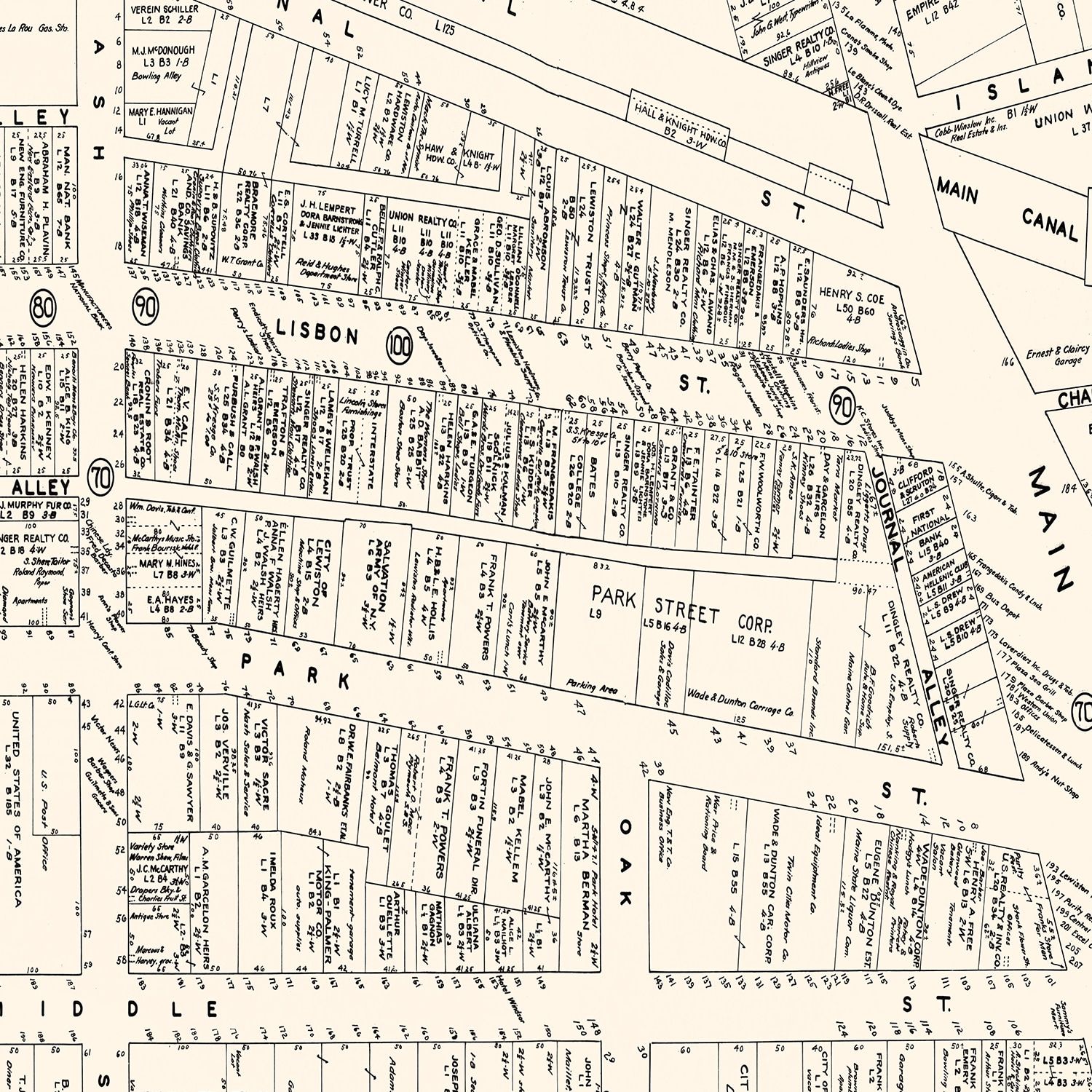 Vintage Map of Lewiston, ME Business Section 1946