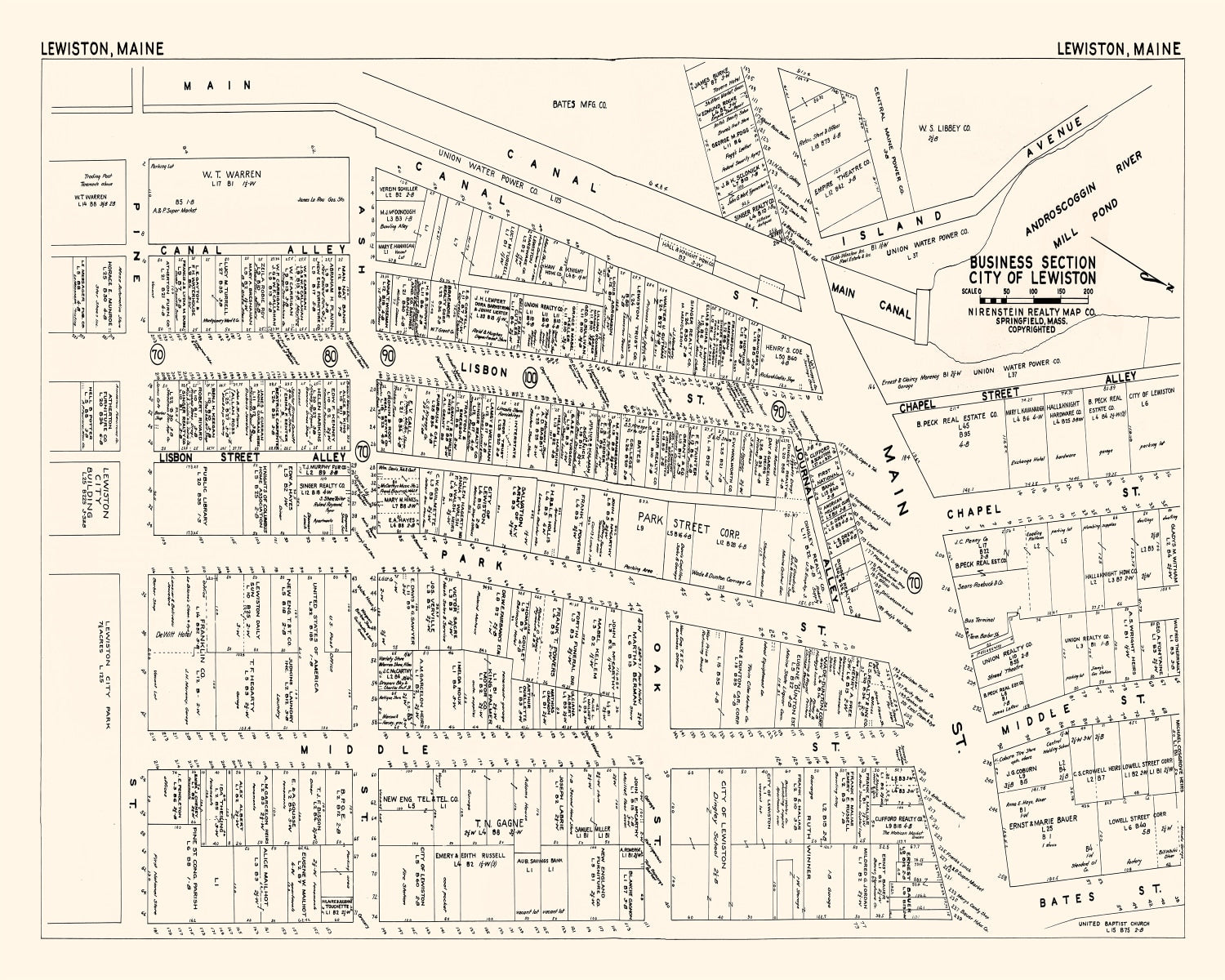 Vintage Map of Lewiston, ME Business Section 1946