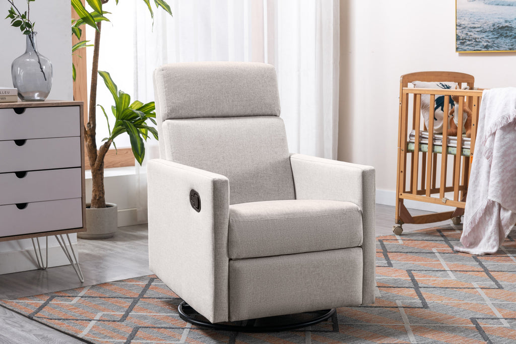 Modern Upholstered Rocker Nursery Chair with Plush Seating, Tan Linen, Swivel Recliner
