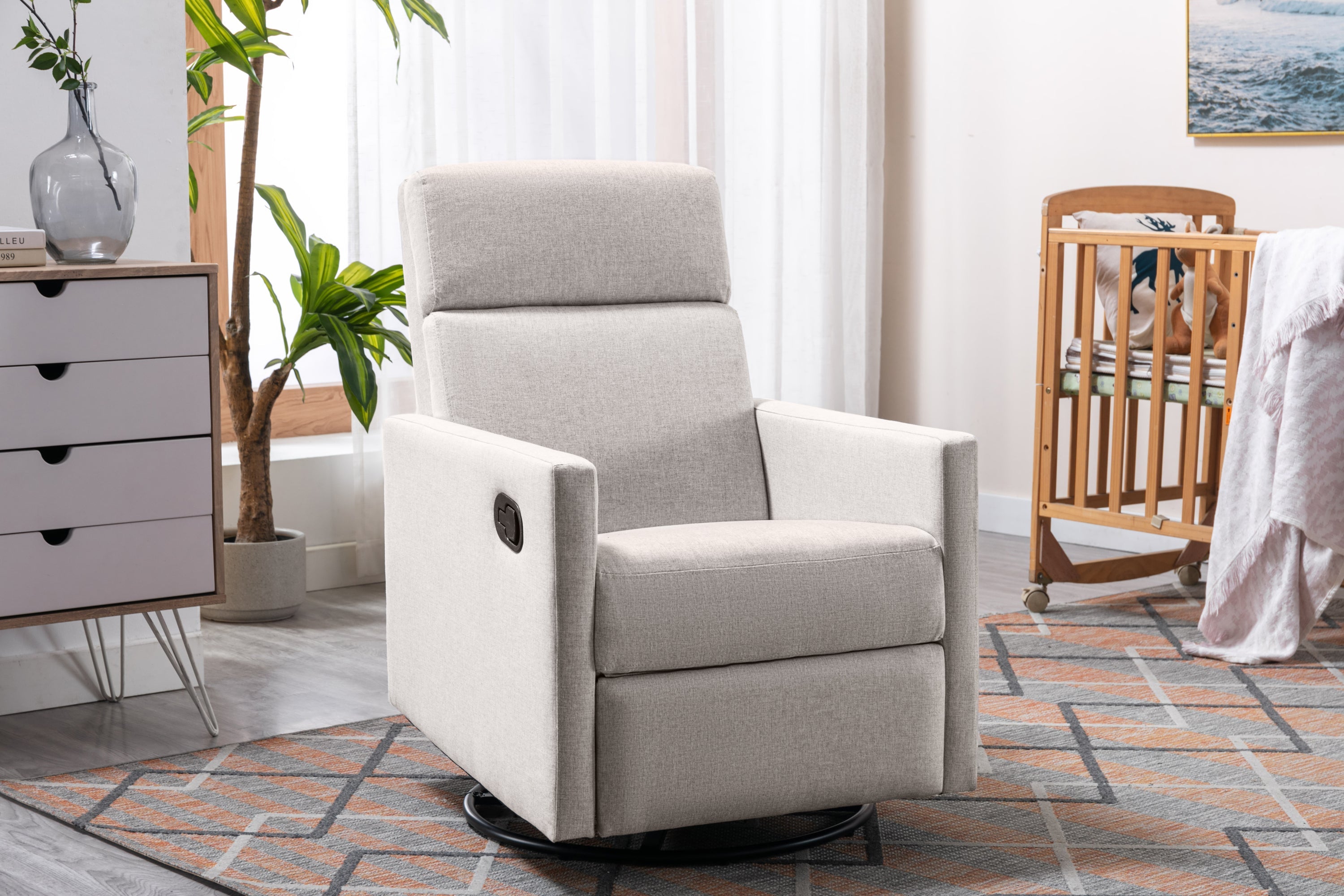 Modern Upholstered Rocker Nursery Chair with Plush Seating, Tan Linen, Swivel Recliner