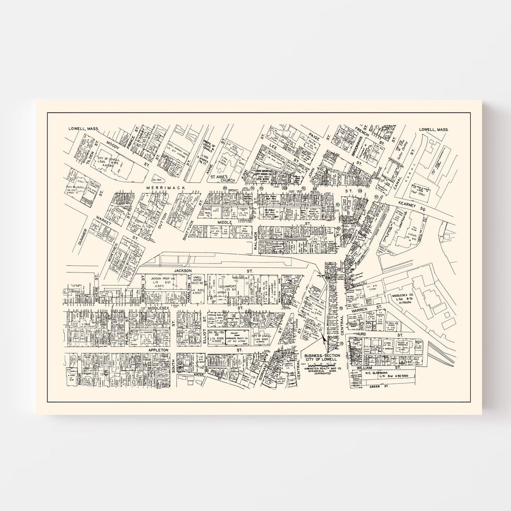 Vintage Map of Lowell, MA Business Section 1946
