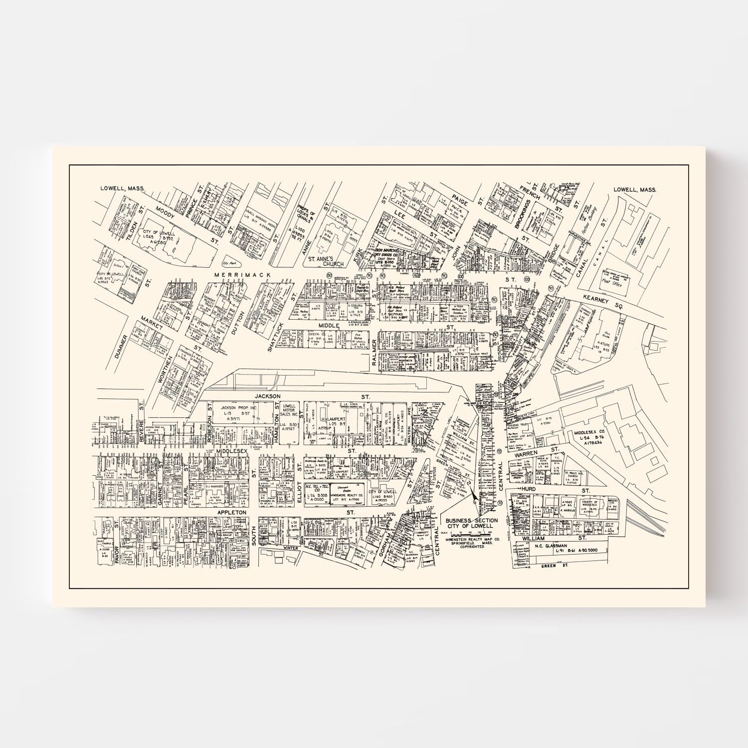 Vintage Map of Lowell, MA Business Section 1946