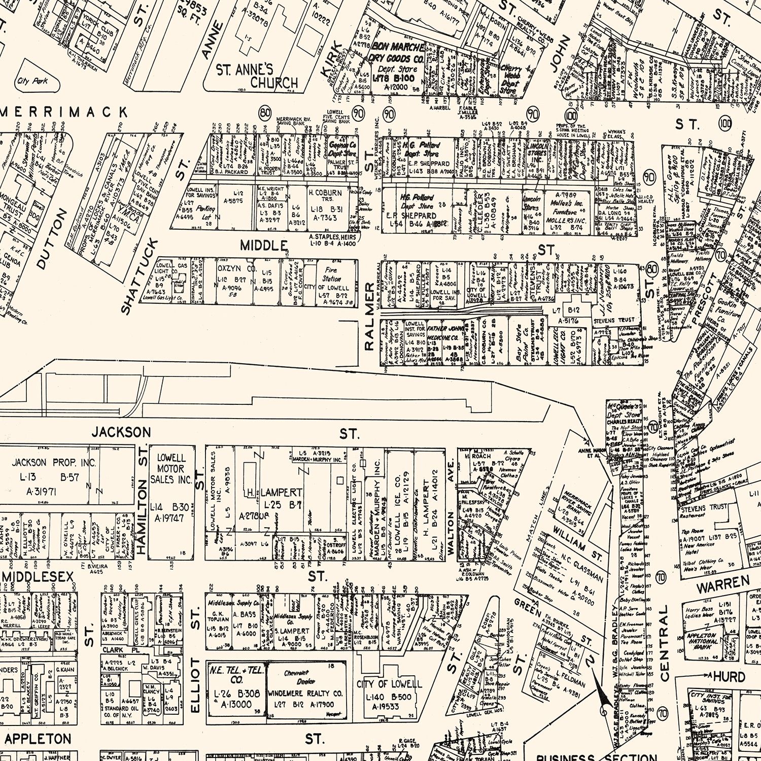 Vintage Map of Lowell, MA Business Section 1946