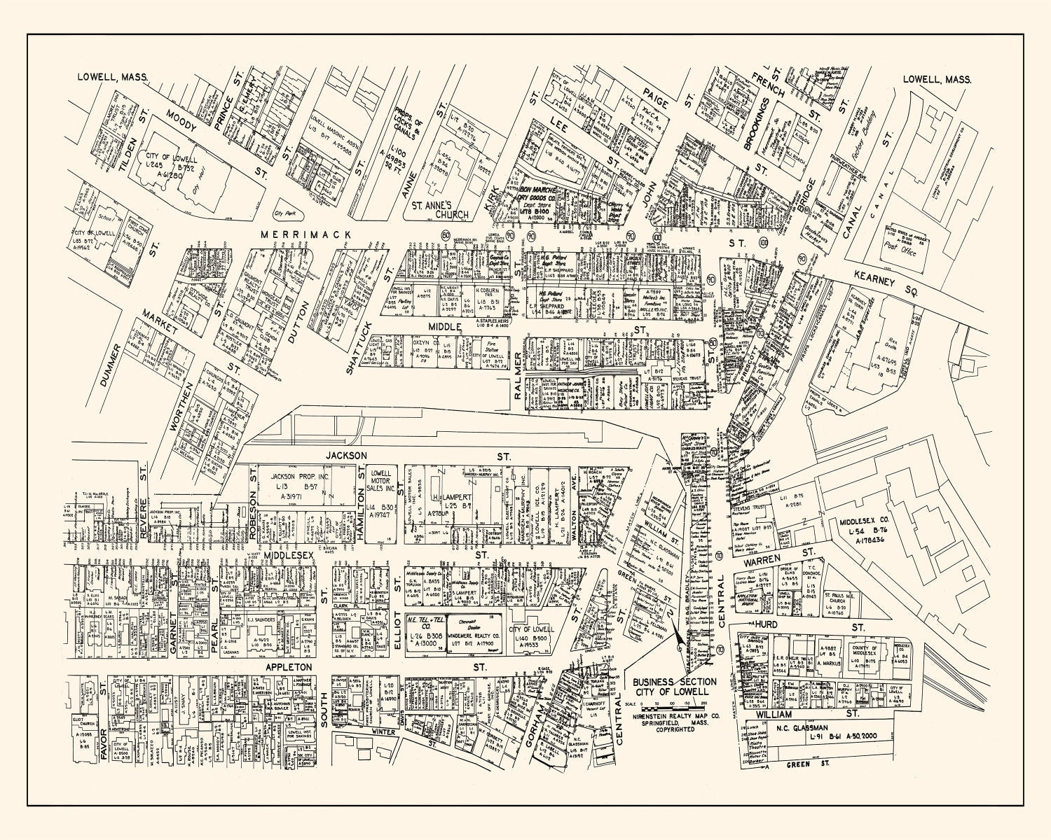 Vintage Map of Lowell, MA Business Section 1946