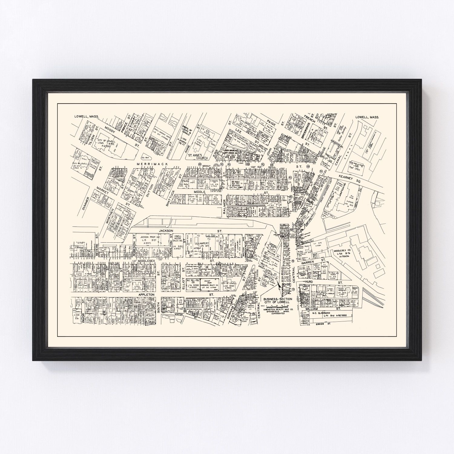Vintage Map of Lowell, MA Business Section 1946