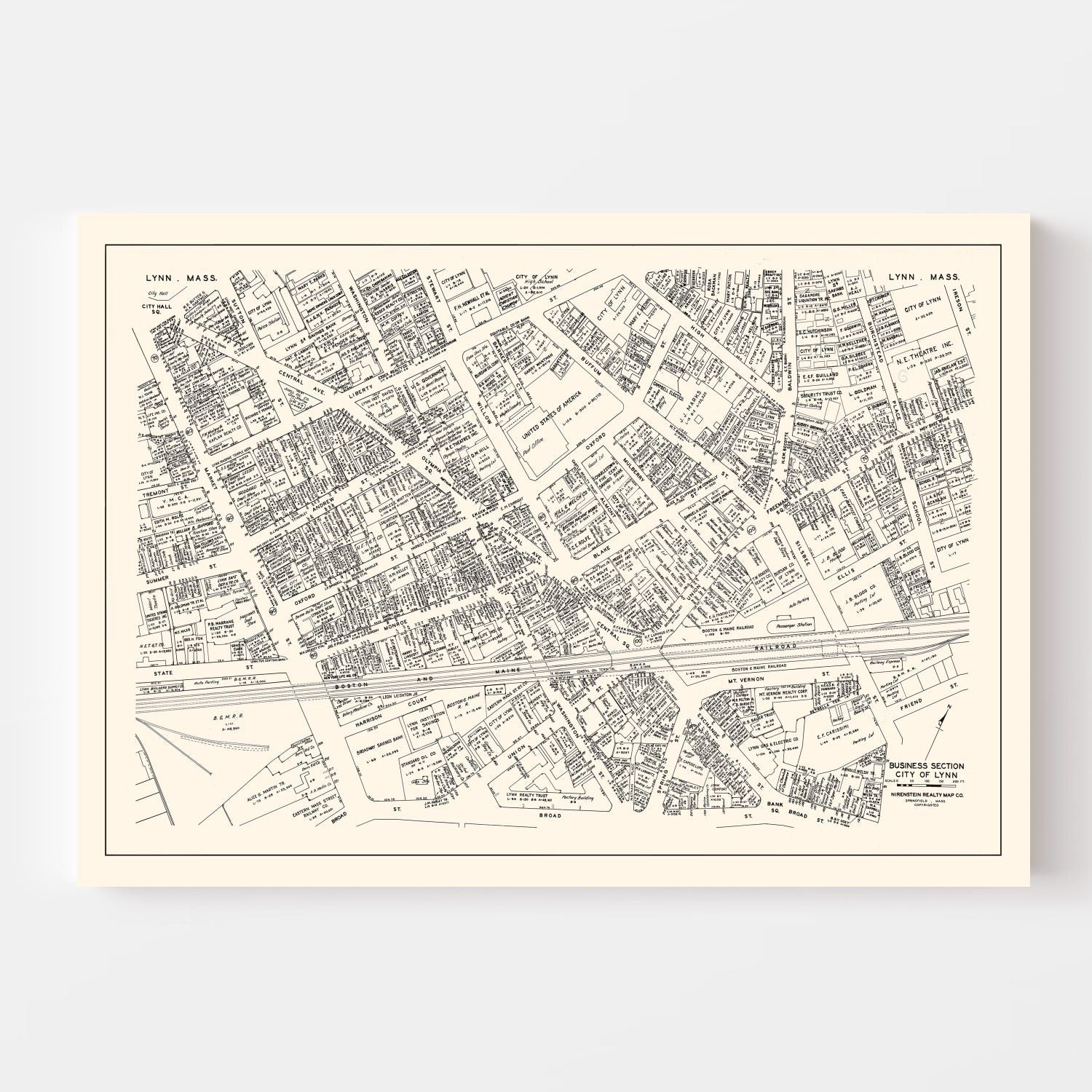 Vintage Map of Lynn, MA Business Section 1946