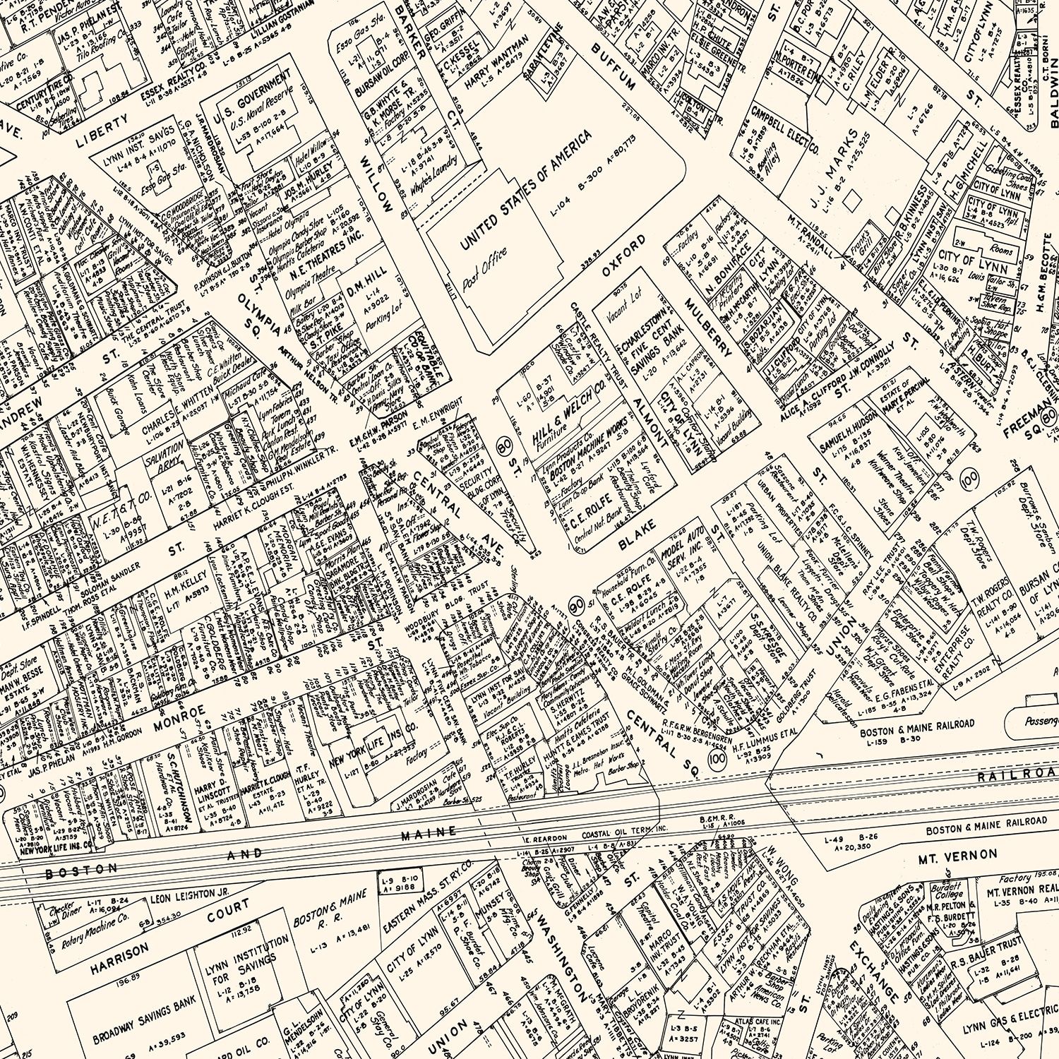 Vintage Map of Lynn, MA Business Section 1946