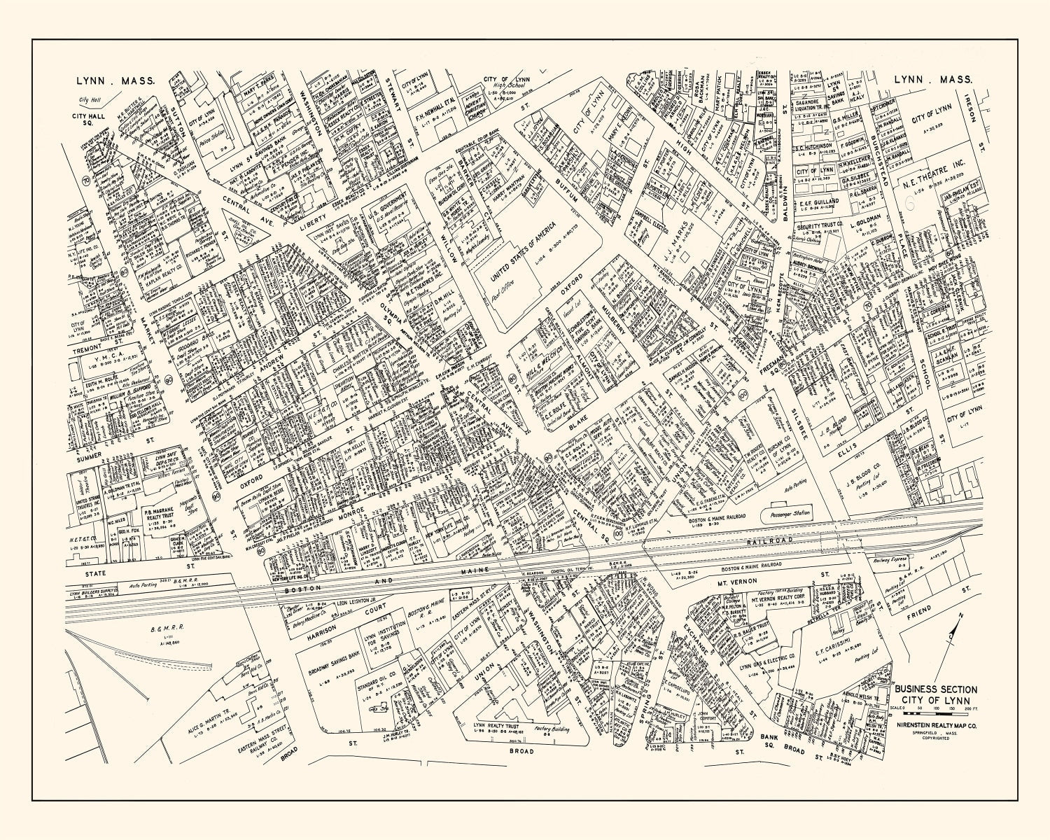 Vintage Map of Lynn, MA Business Section 1946
