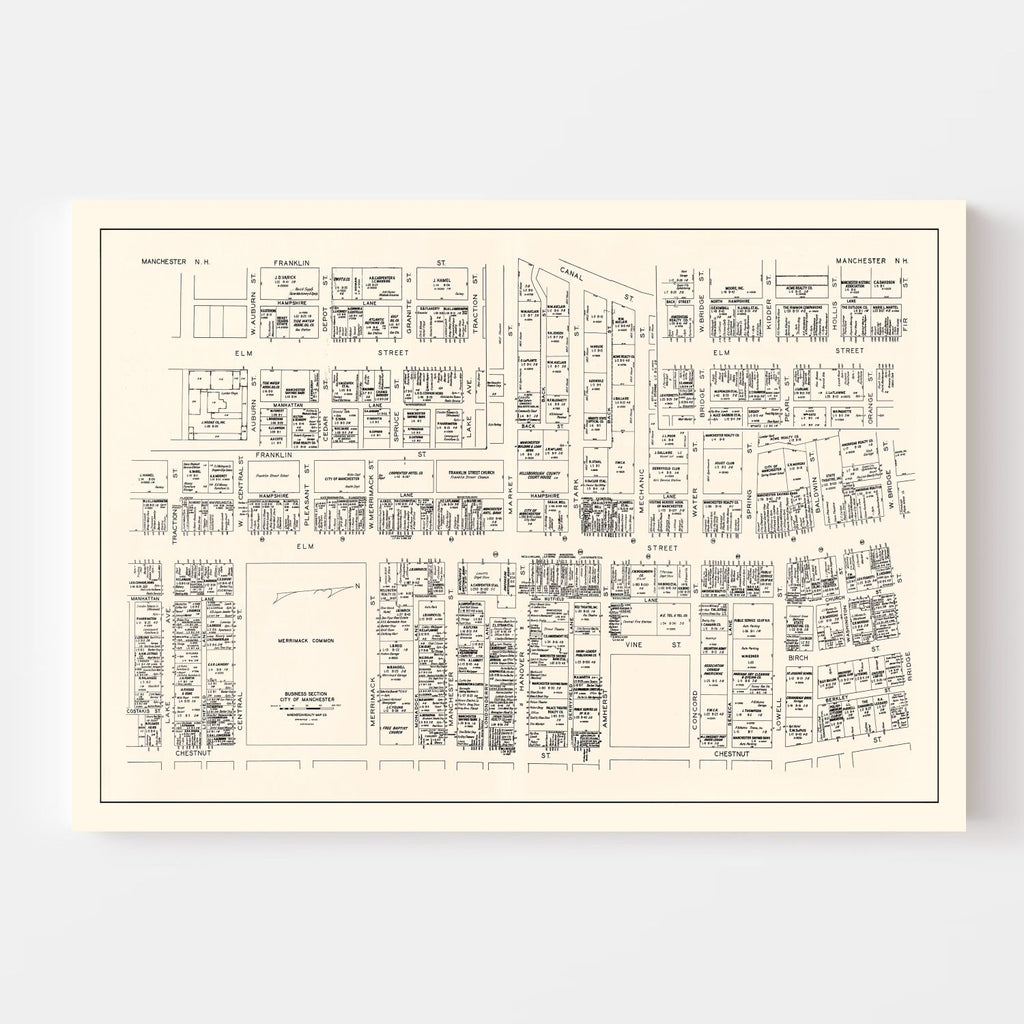 Vintage Map of Manchester, NH Business Section 1946
