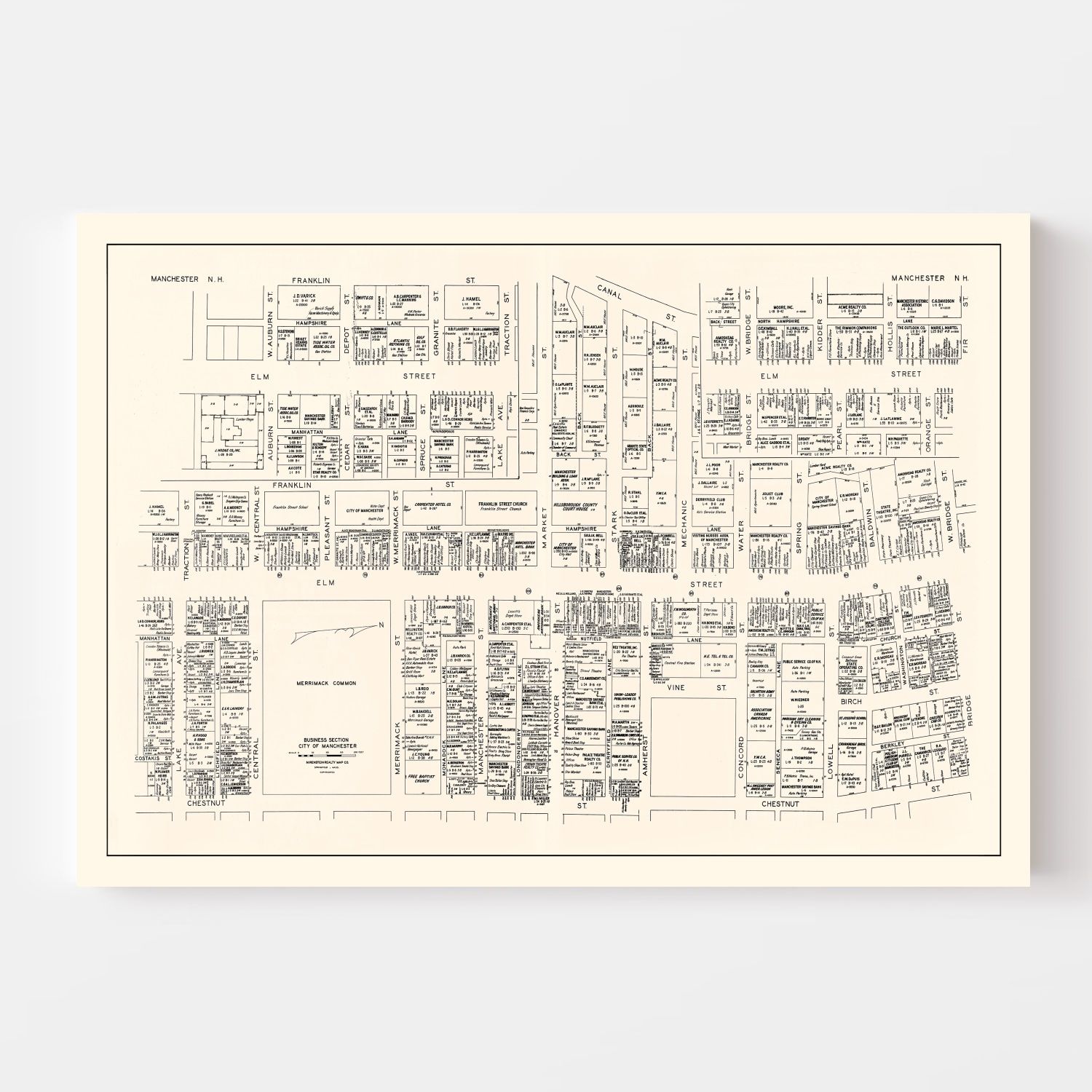 Vintage Map of Manchester, NH Business Section 1946