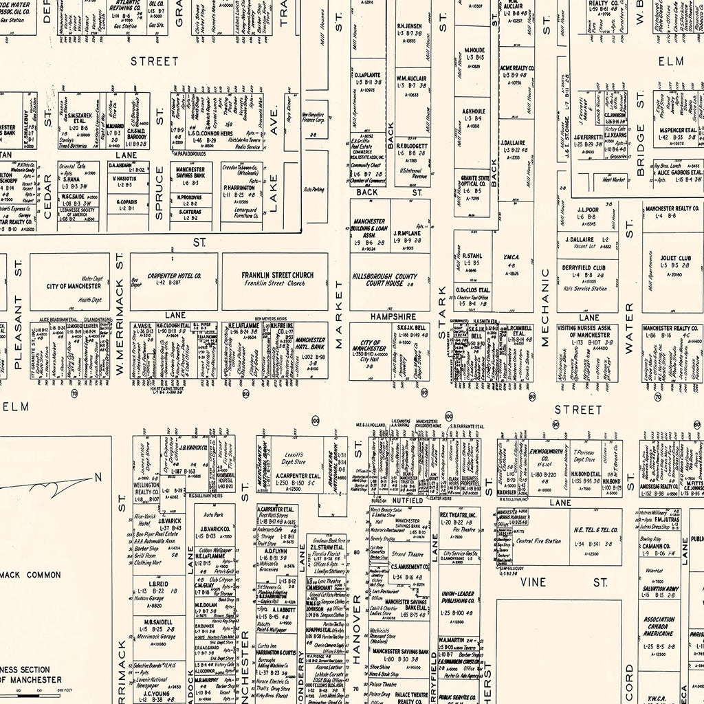 Vintage Map of Manchester, NH Business Section 1946