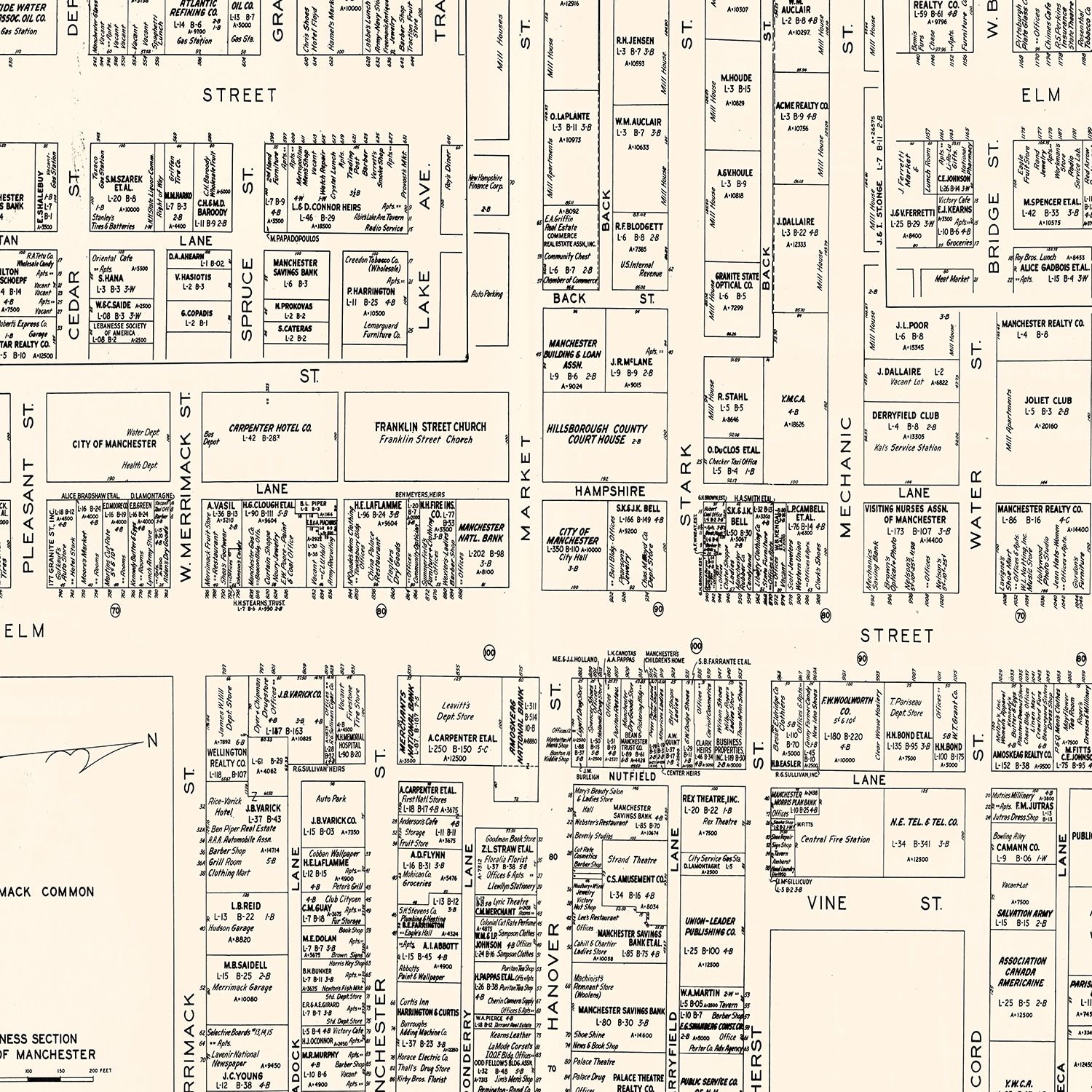 Vintage Map of Manchester, NH Business Section 1946