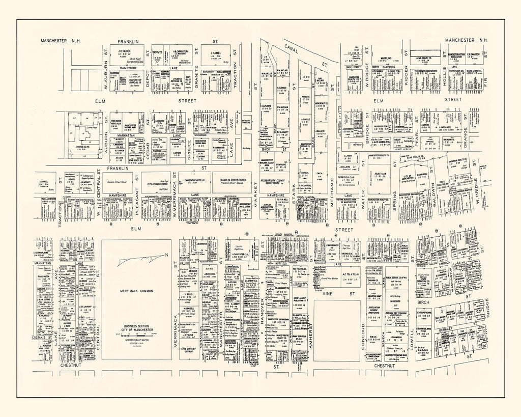 Vintage Map of Manchester, NH Business Section 1946