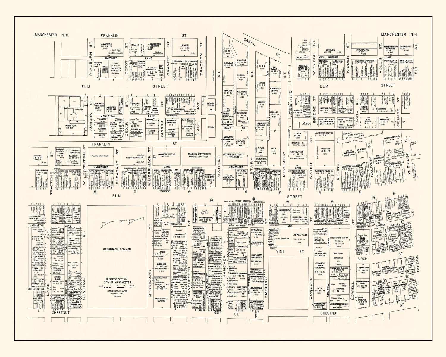 Vintage Map of Manchester, NH Business Section 1946