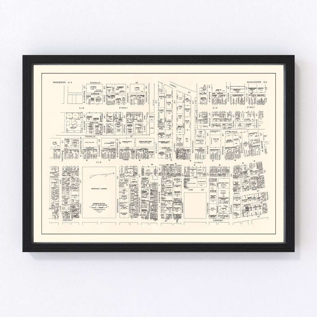 Vintage Map of Manchester, NH Business Section 1946