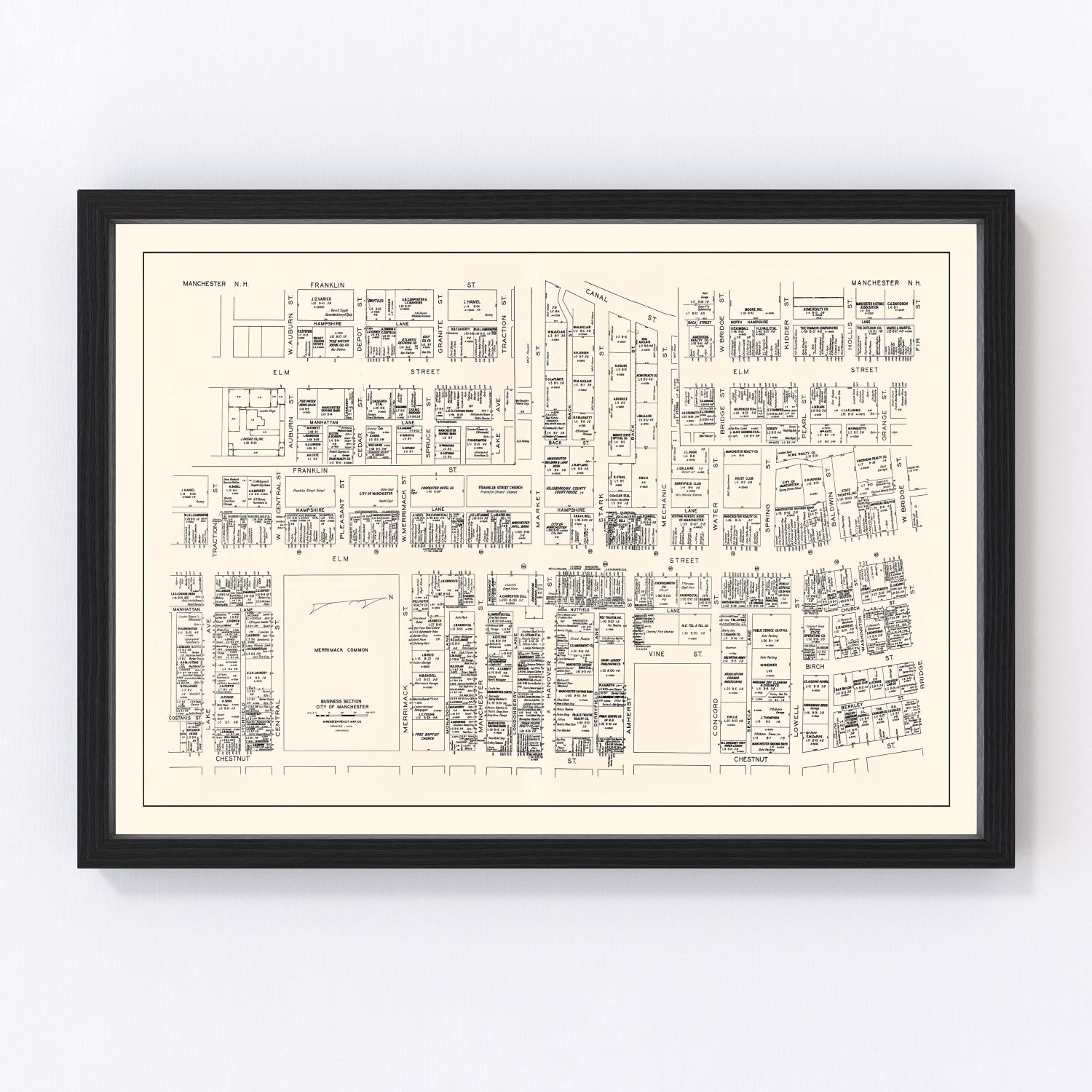 Vintage Map of Manchester, NH Business Section 1946