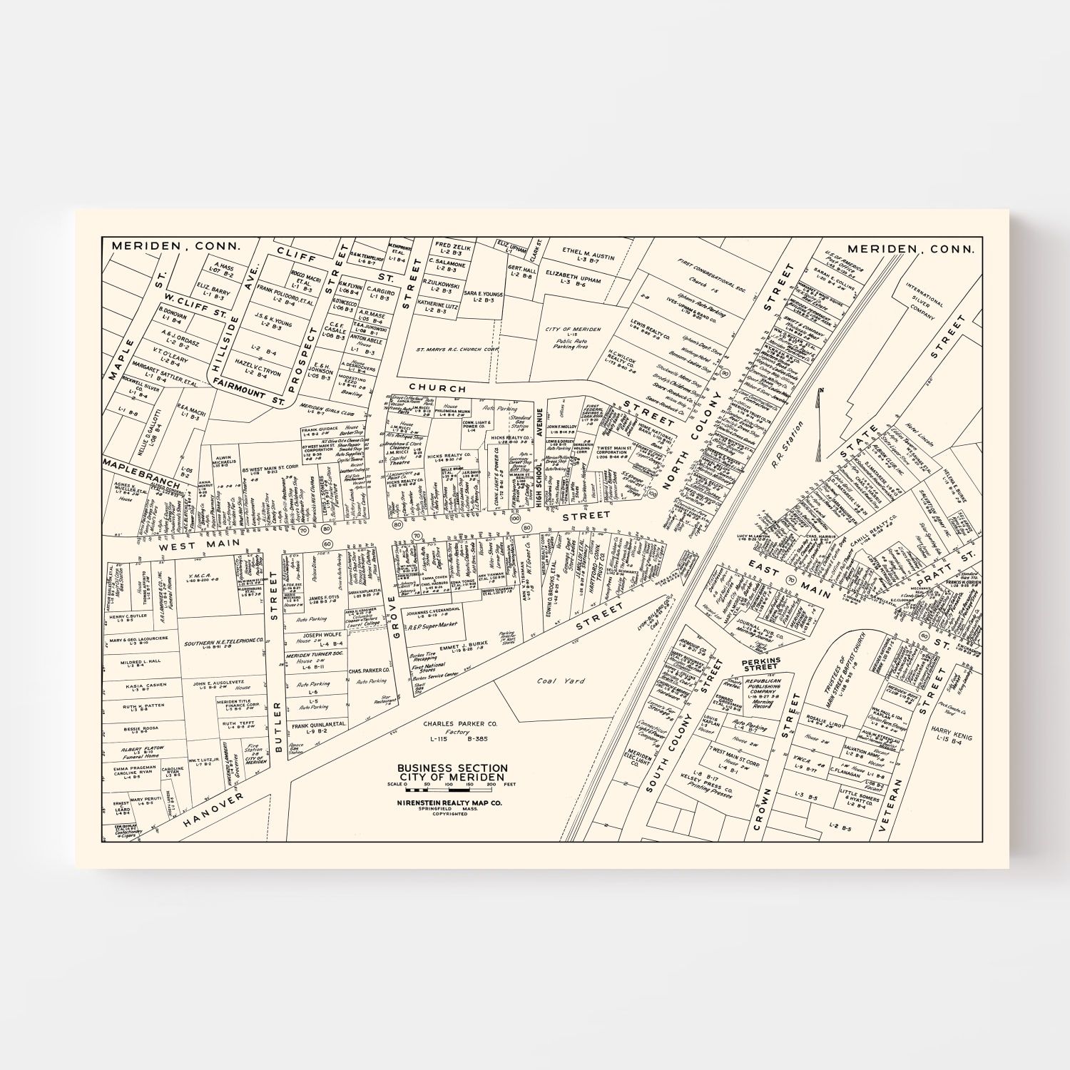 Vintage Map of Meriden, CT Business Section 1946
