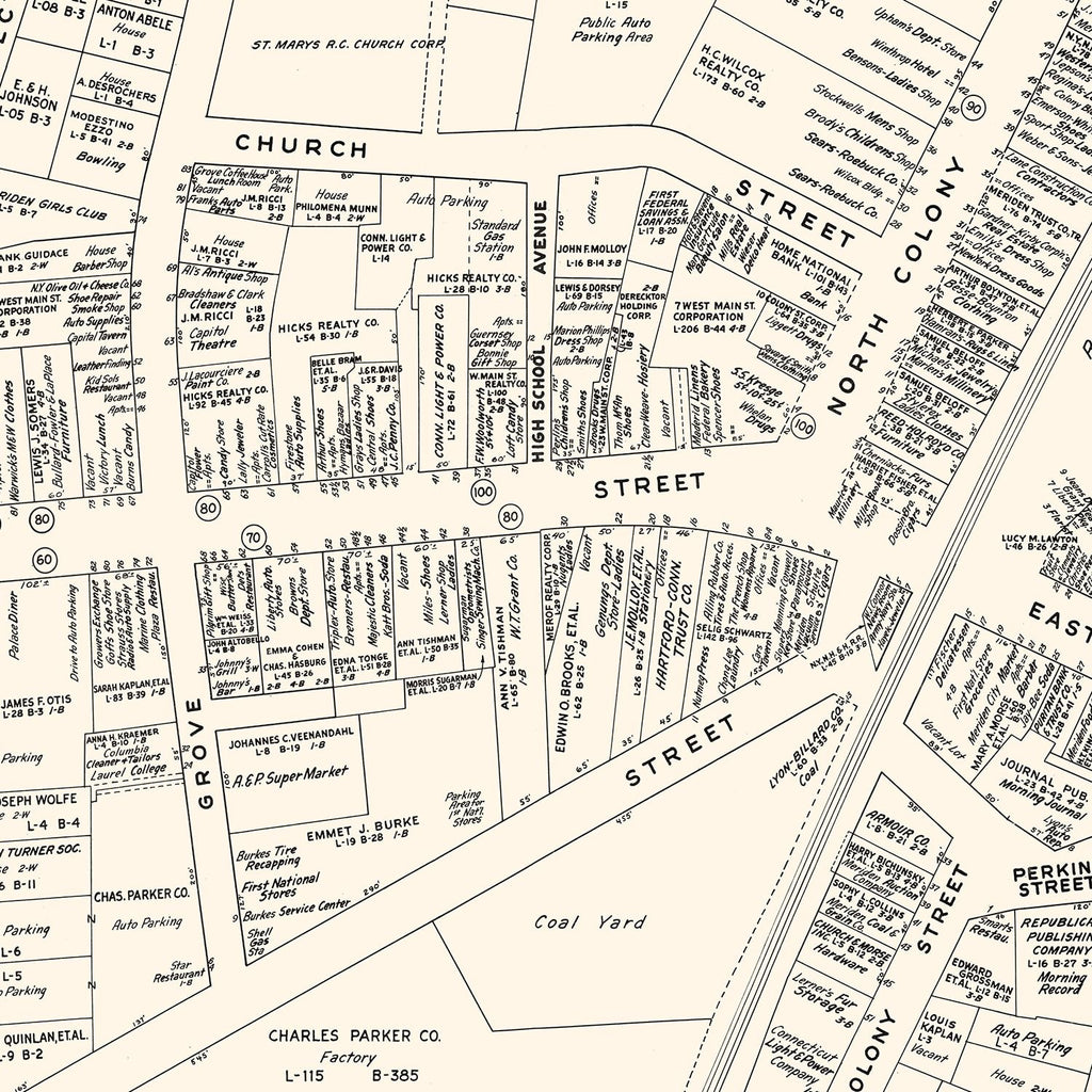 Vintage Map of Meriden, CT Business Section 1946