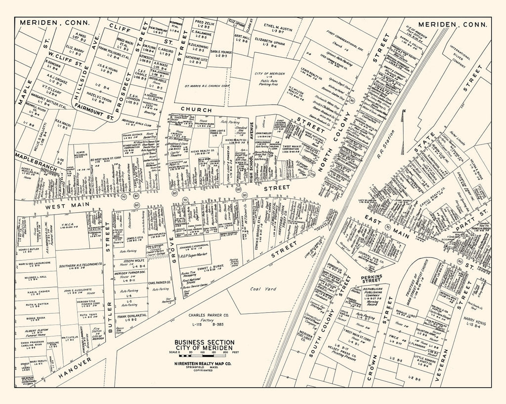 Vintage Map of Meriden, CT Business Section 1946