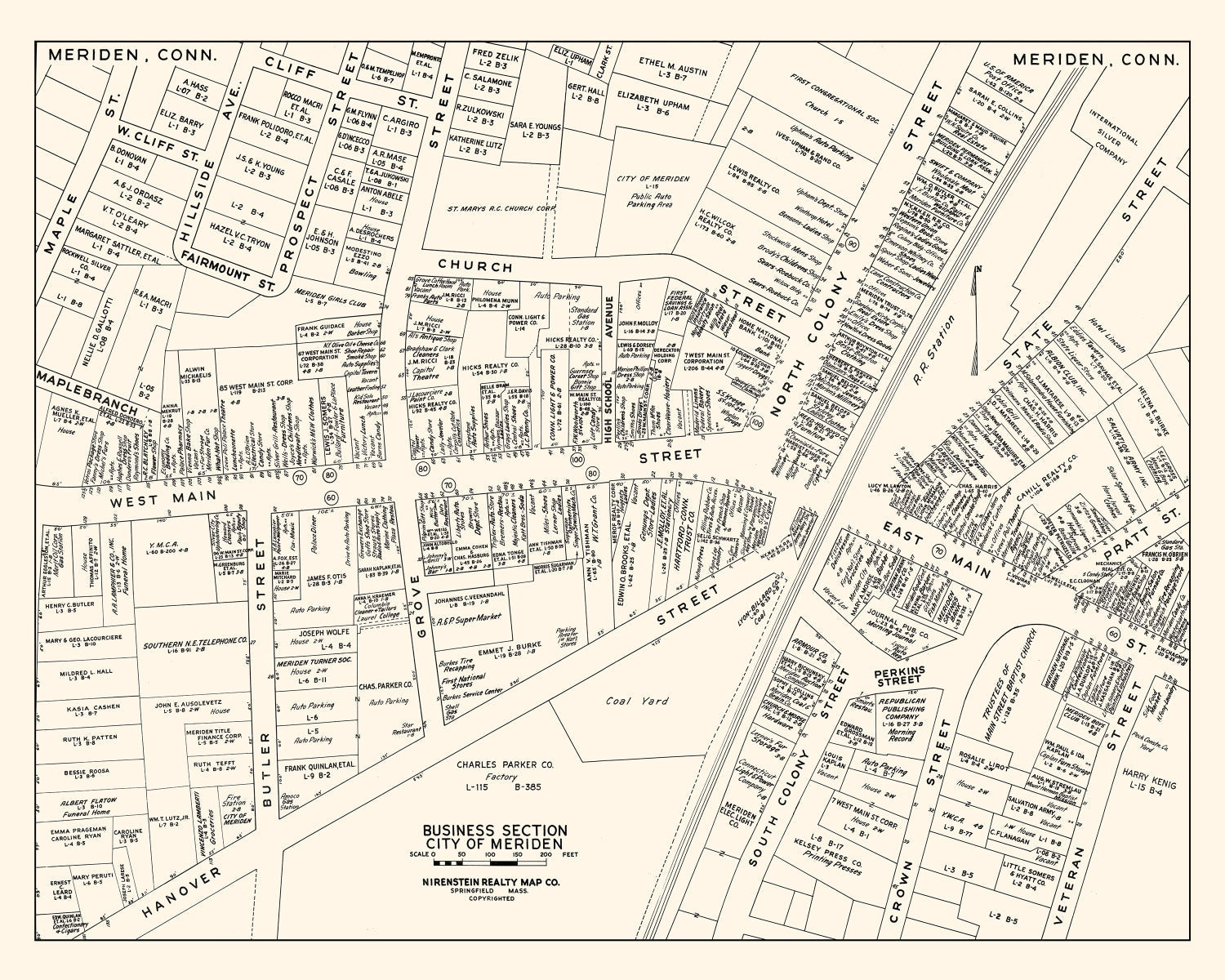 Vintage Map of Meriden, CT Business Section 1946