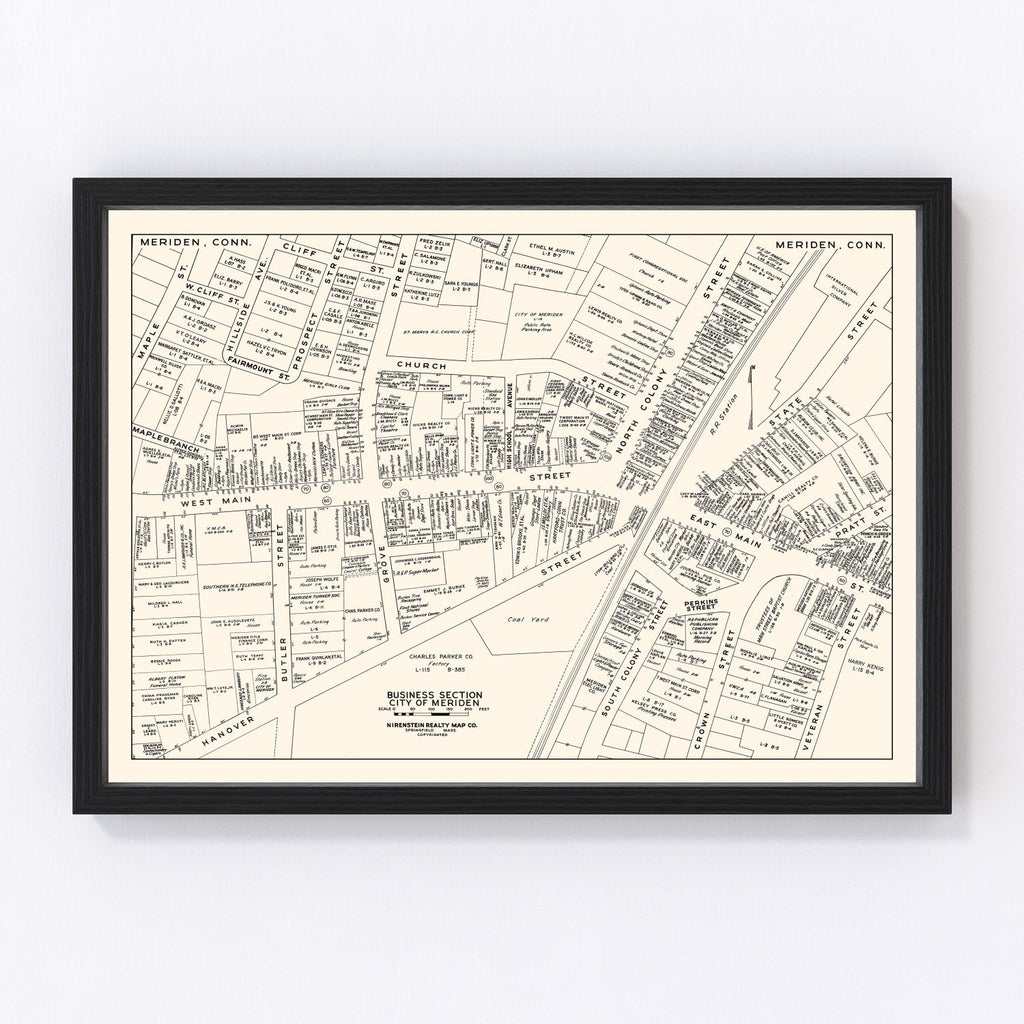Vintage Map of Meriden, CT Business Section 1946