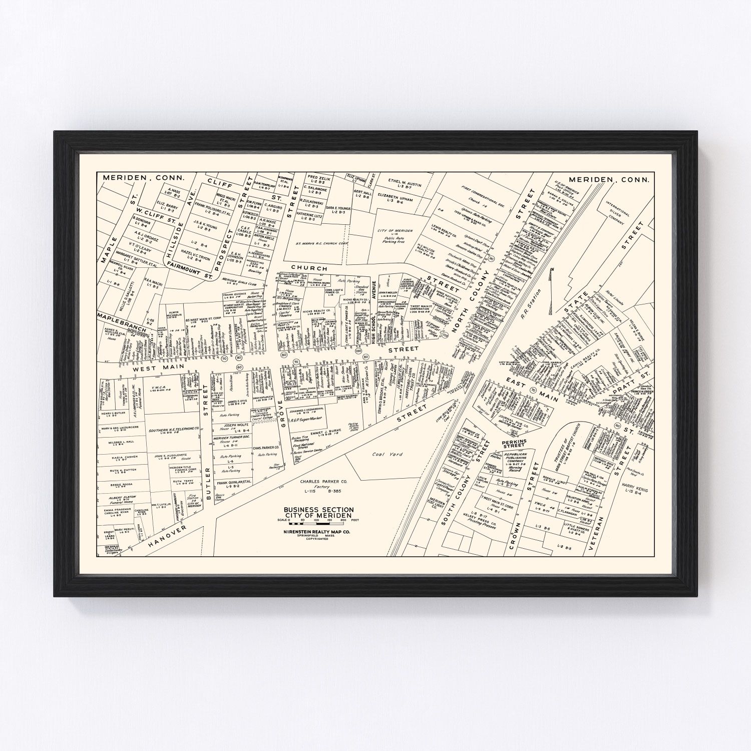 Vintage Map of Meriden, CT Business Section 1946