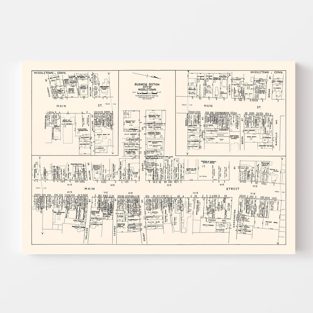 Vintage Map of Middletown, CT Business Section 1946