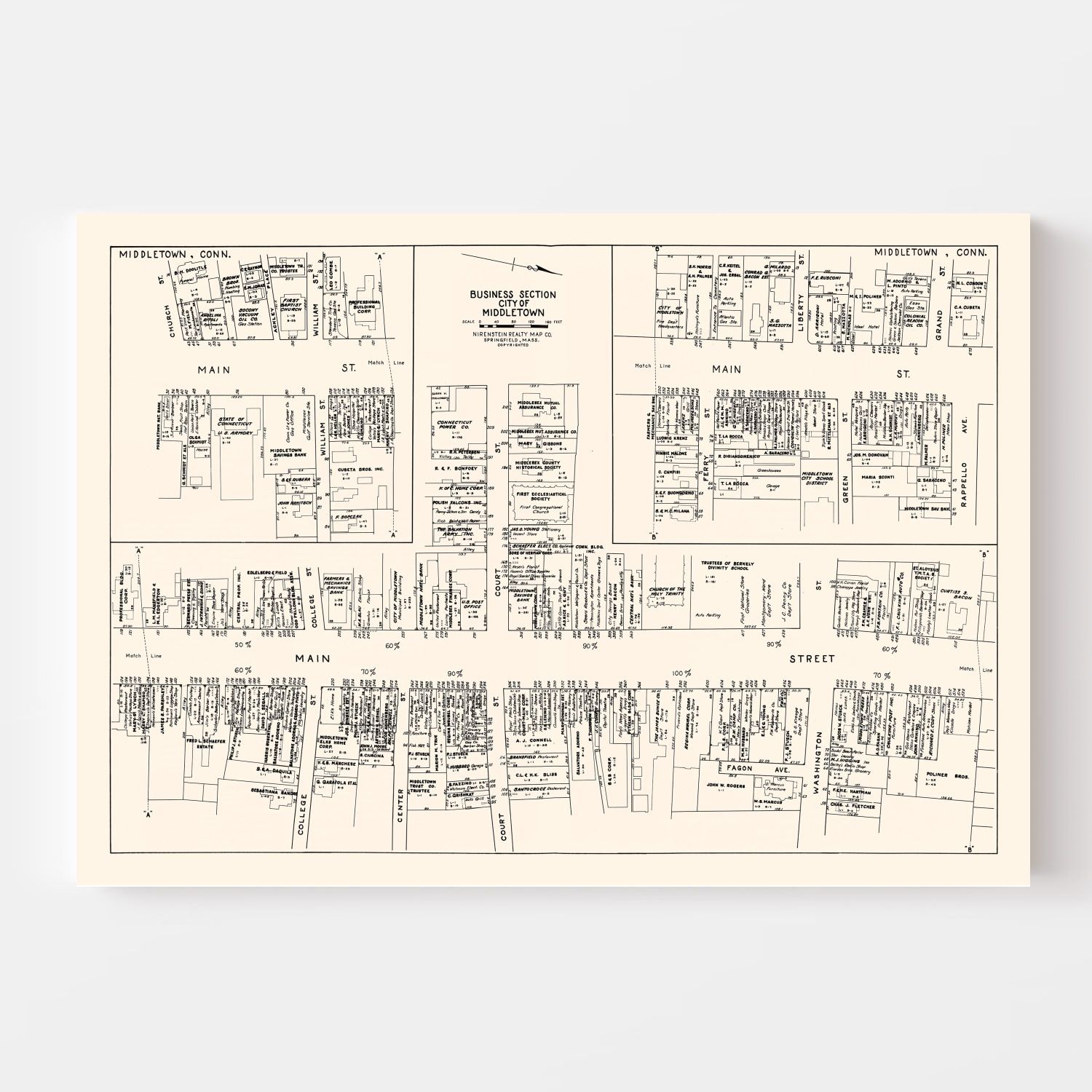 Vintage Map of Middletown, CT Business Section 1946
