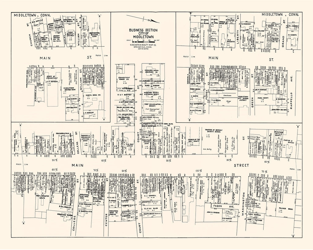 Vintage Map of Middletown, CT Business Section 1946