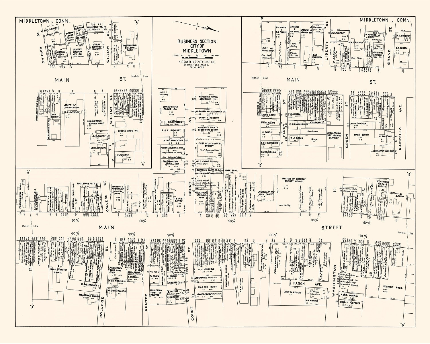 Vintage Map of Middletown, CT Business Section 1946