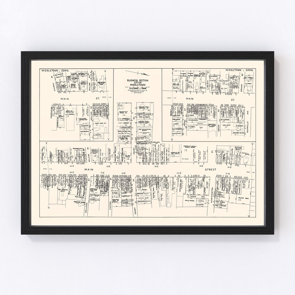 Vintage Map of Middletown, CT Business Section 1946