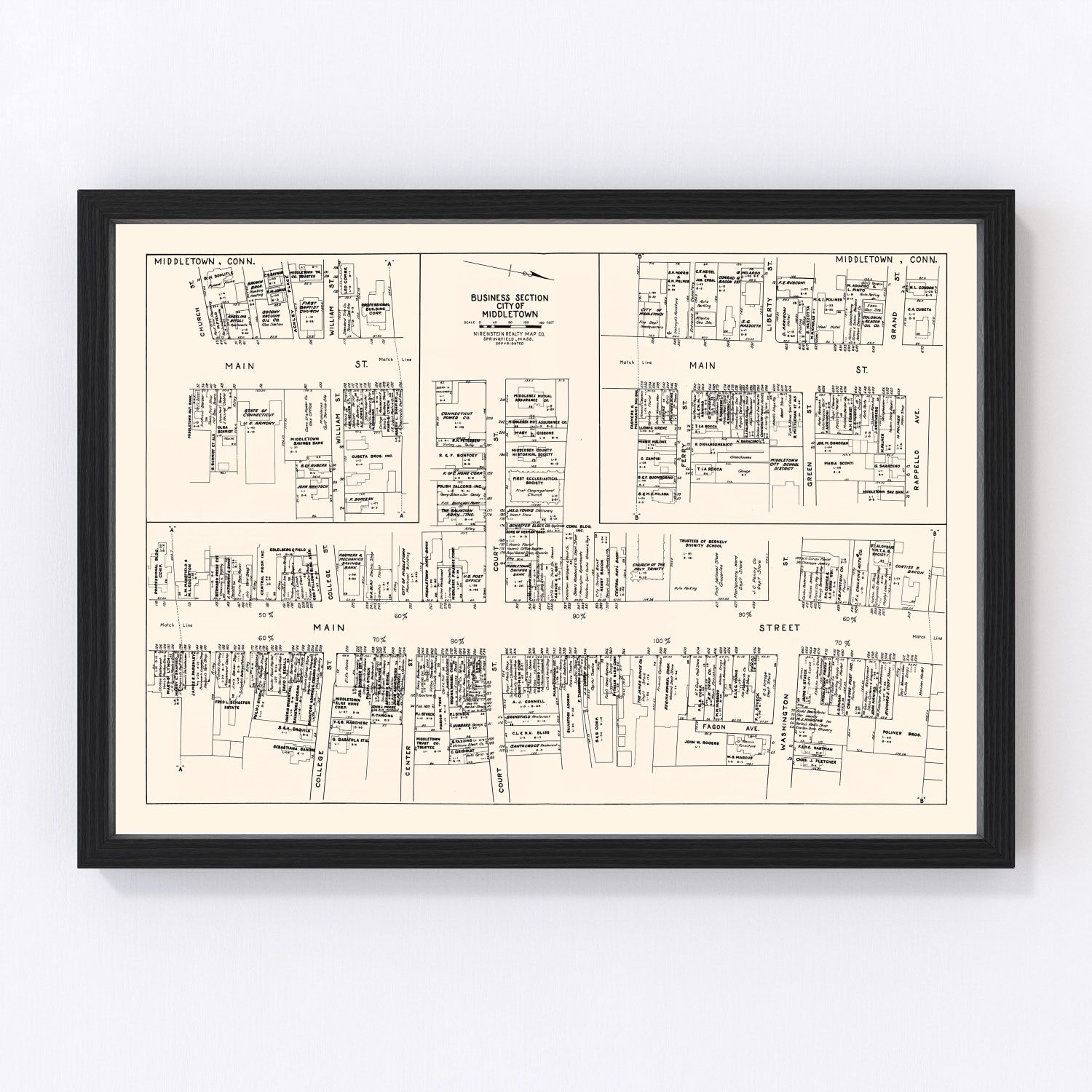 Vintage Map of Middletown, CT Business Section 1946
