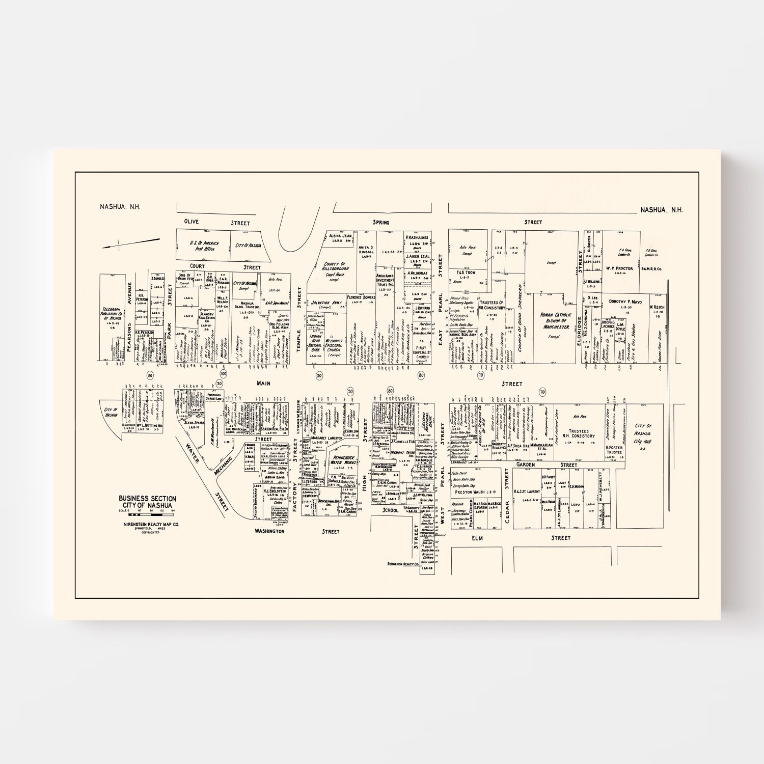 Vintage Map of Nashua, NH Business Section 1946