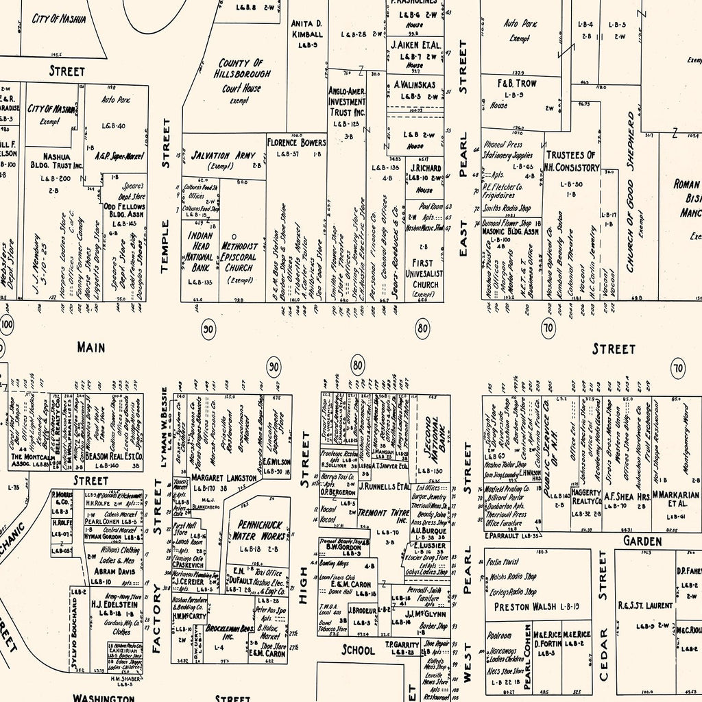 Vintage Map of Nashua, NH Business Section 1946