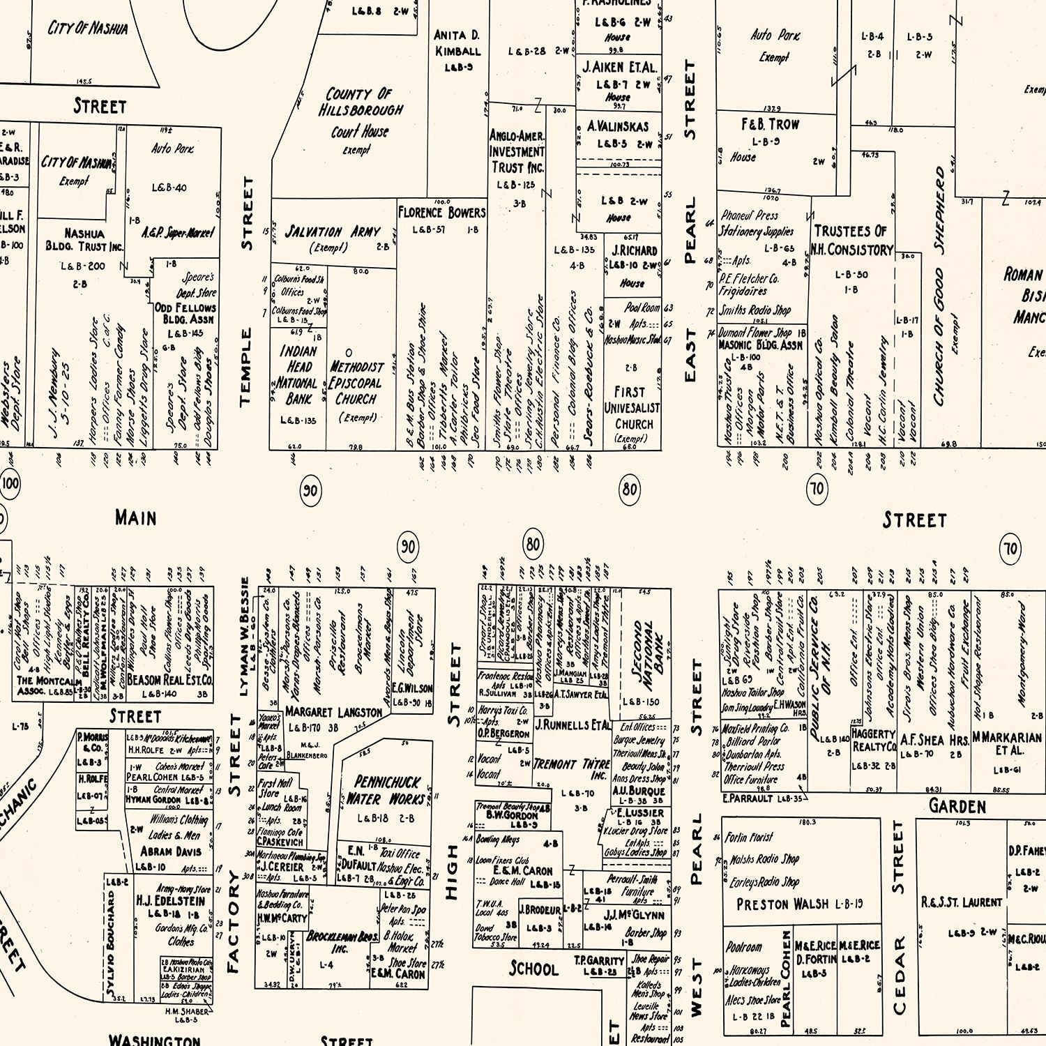 Vintage Map of Nashua, NH Business Section 1946