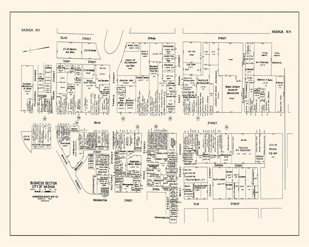 Vintage Map of Nashua, NH Business Section 1946