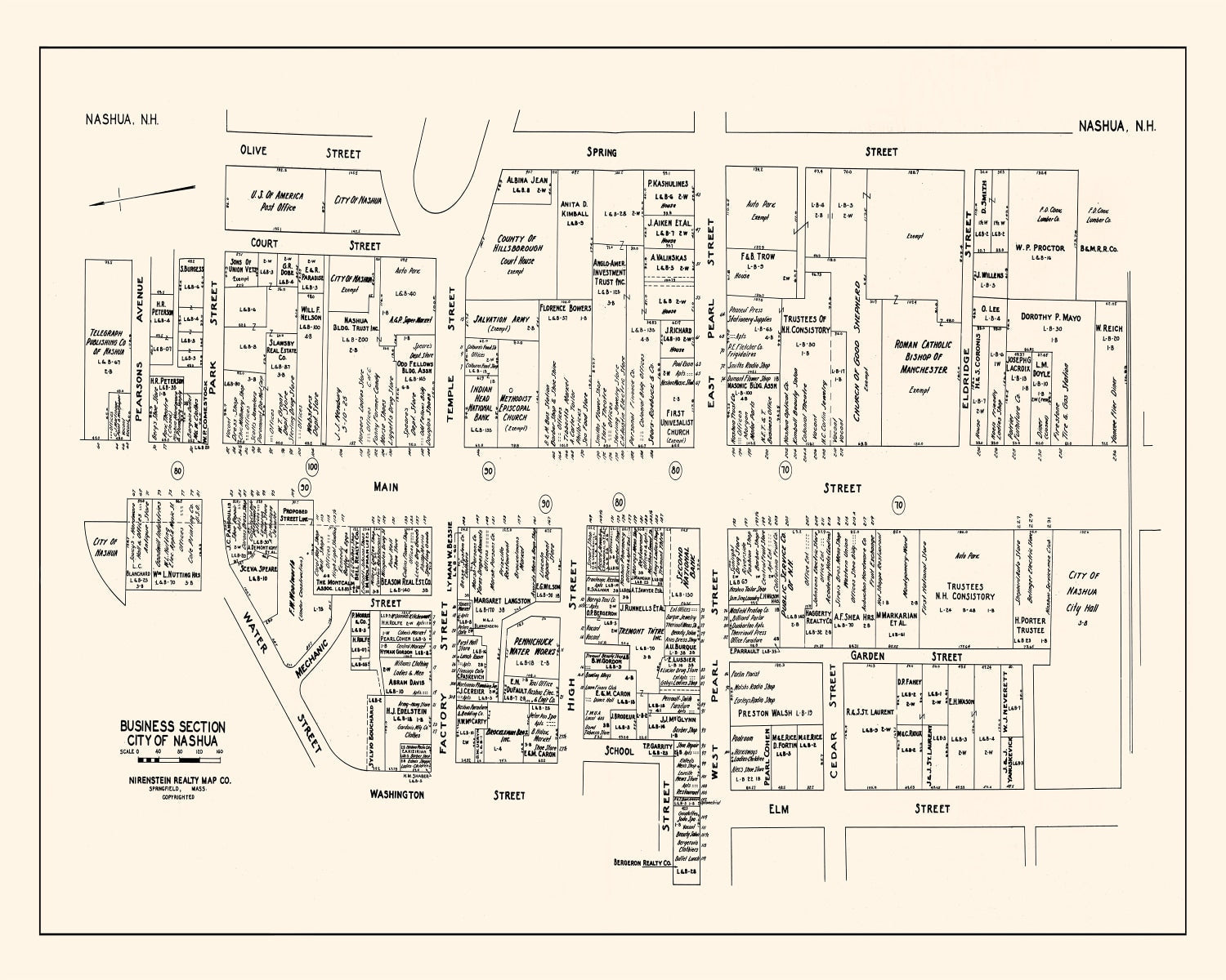 Vintage Map of Nashua, NH Business Section 1946