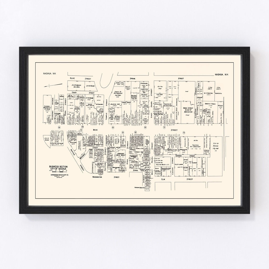 Vintage Map of Nashua, NH Business Section 1946