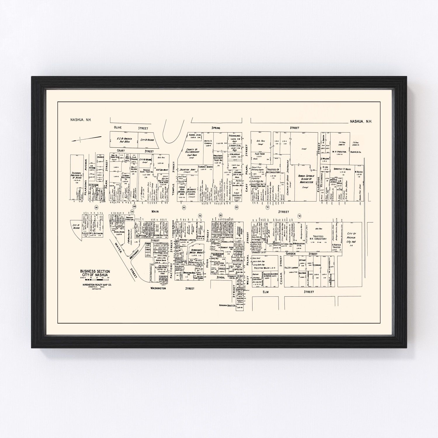 Vintage Map of Nashua, NH Business Section 1946