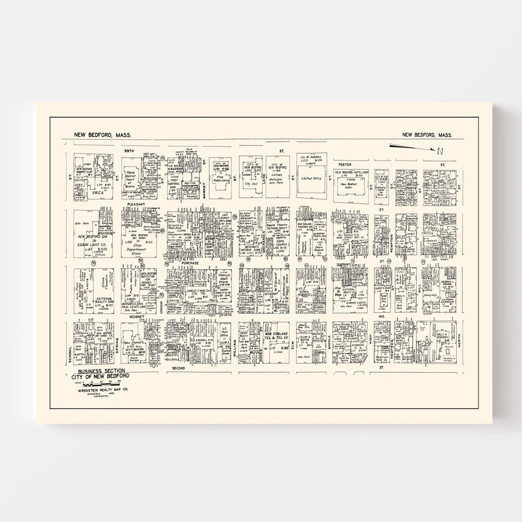 Vintage Map of New Bedford, MA Business Section 1946