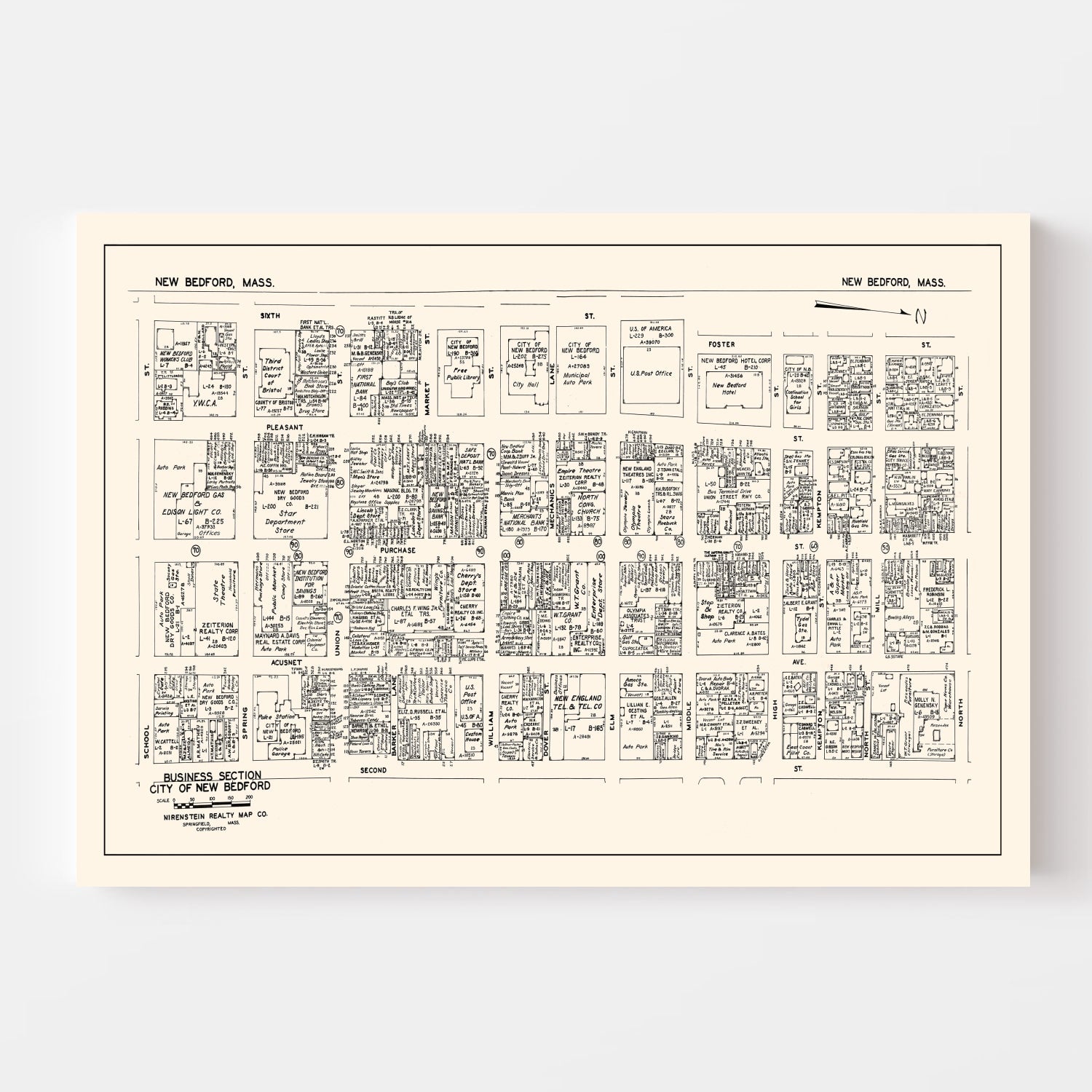 Vintage Map of New Bedford, MA Business Section 1946