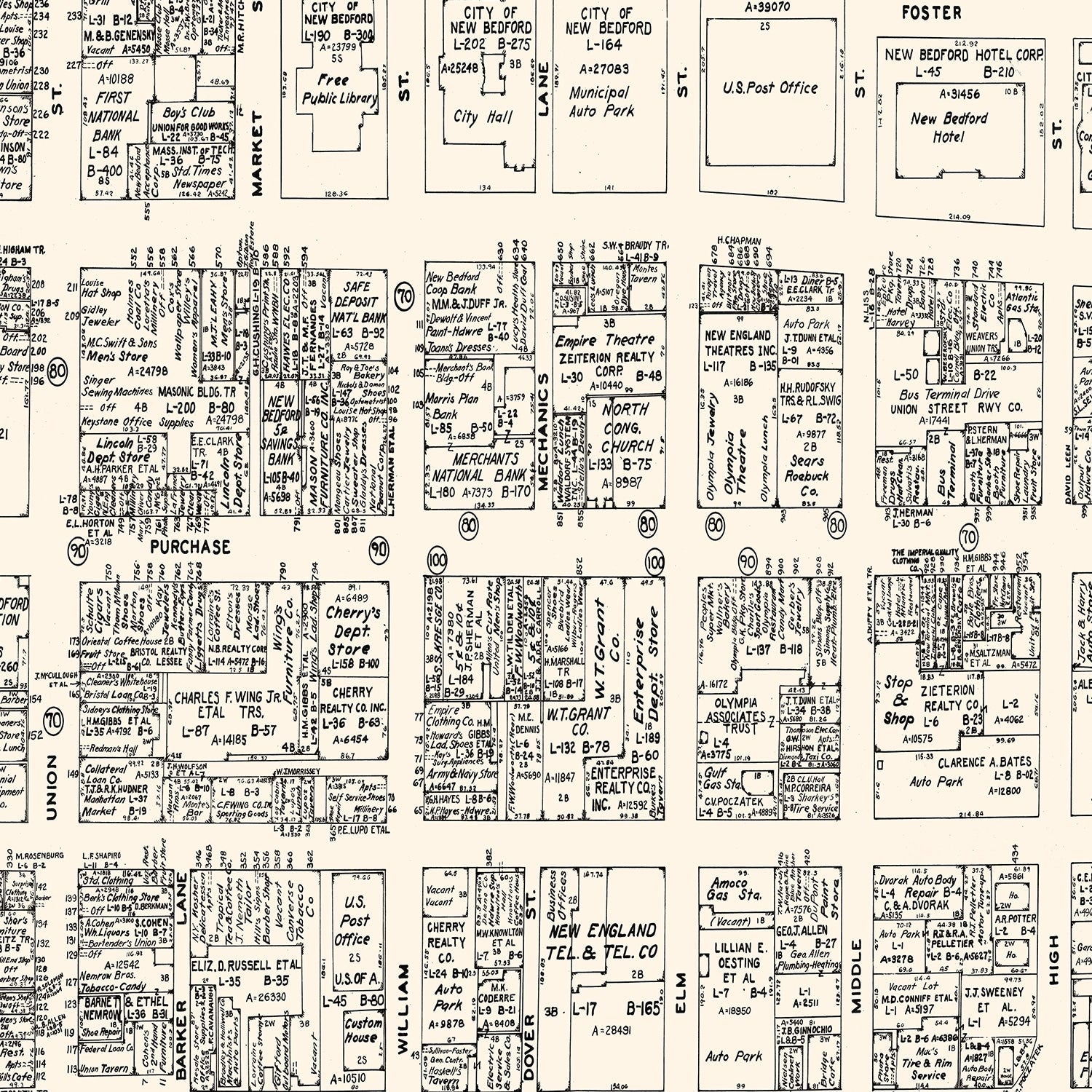 Vintage Map of New Bedford, MA Business Section 1946