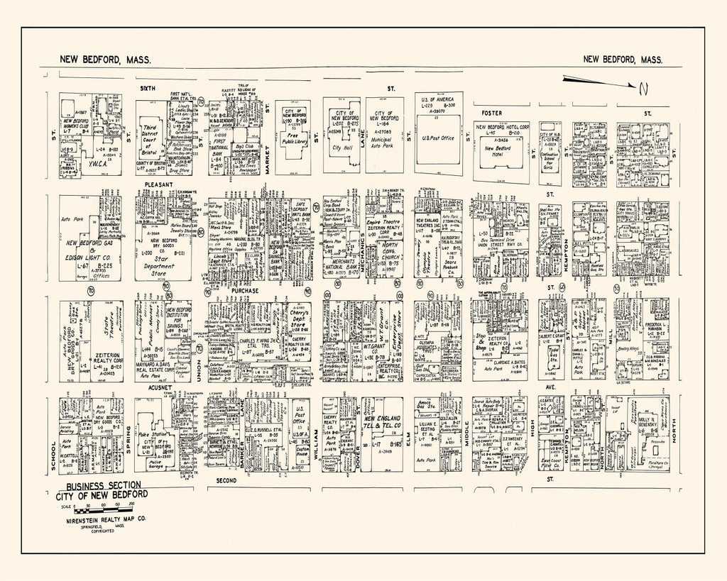 Vintage Map of New Bedford, MA Business Section 1946
