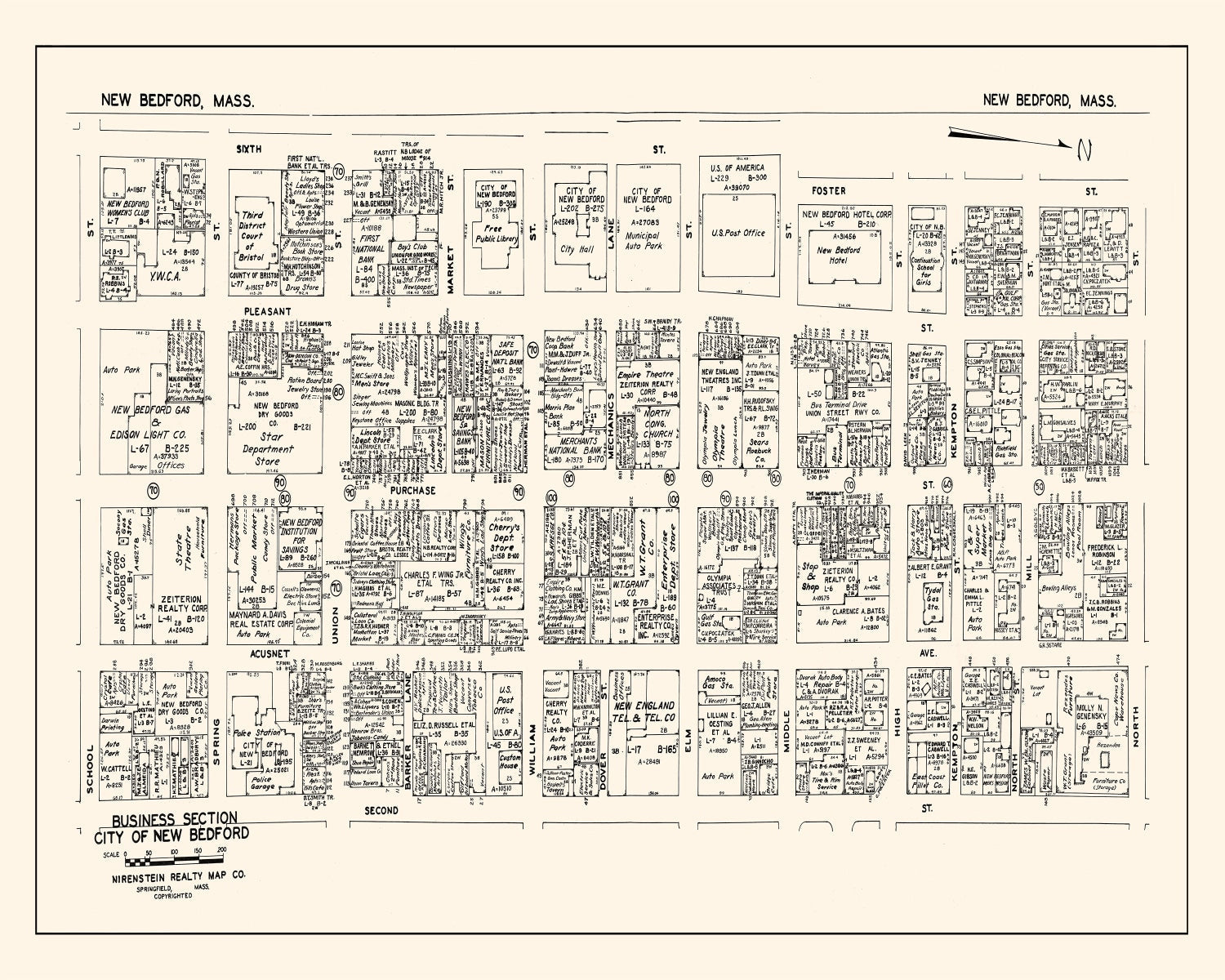 Vintage Map of New Bedford, MA Business Section 1946