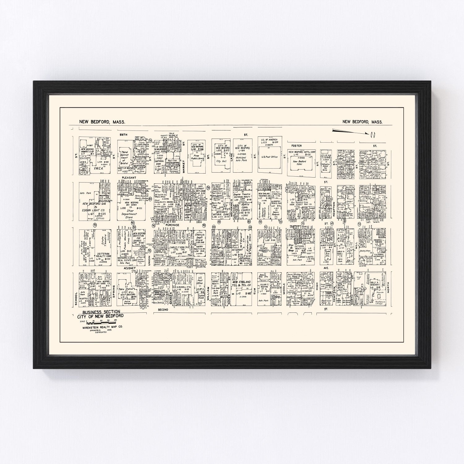 Vintage Map of New Bedford, MA Business Section 1946