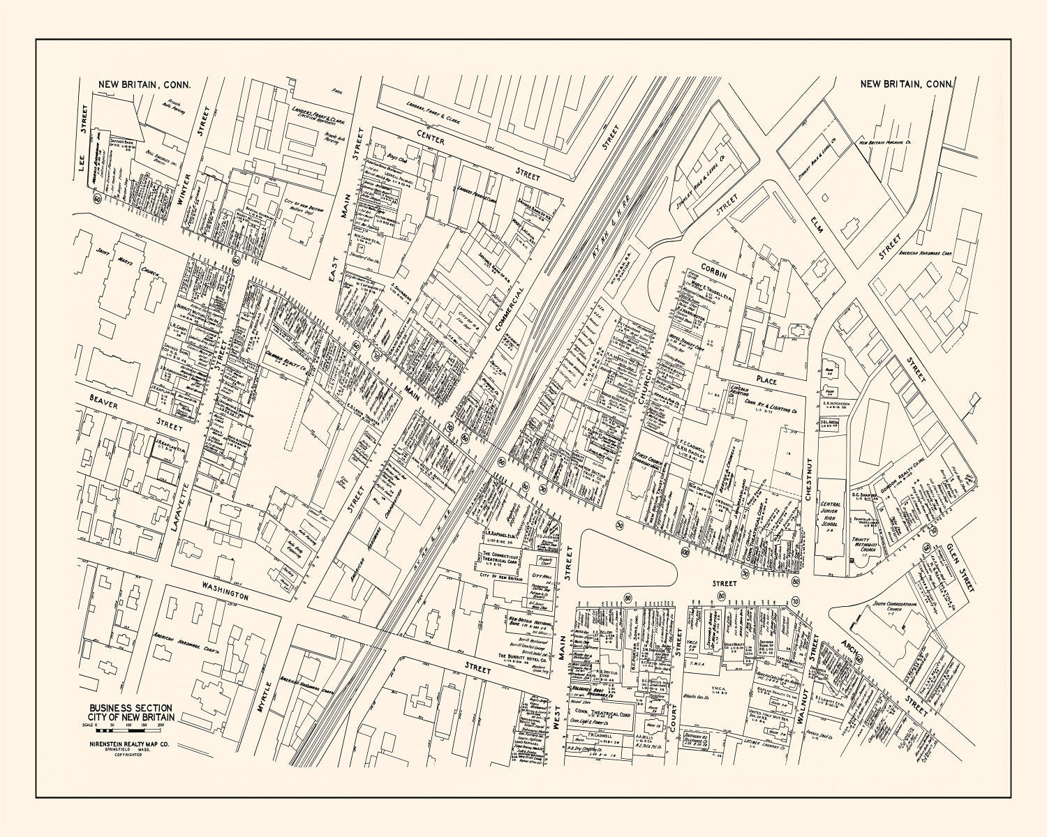 Vintage Map of New Britain, CT Business Section 1946