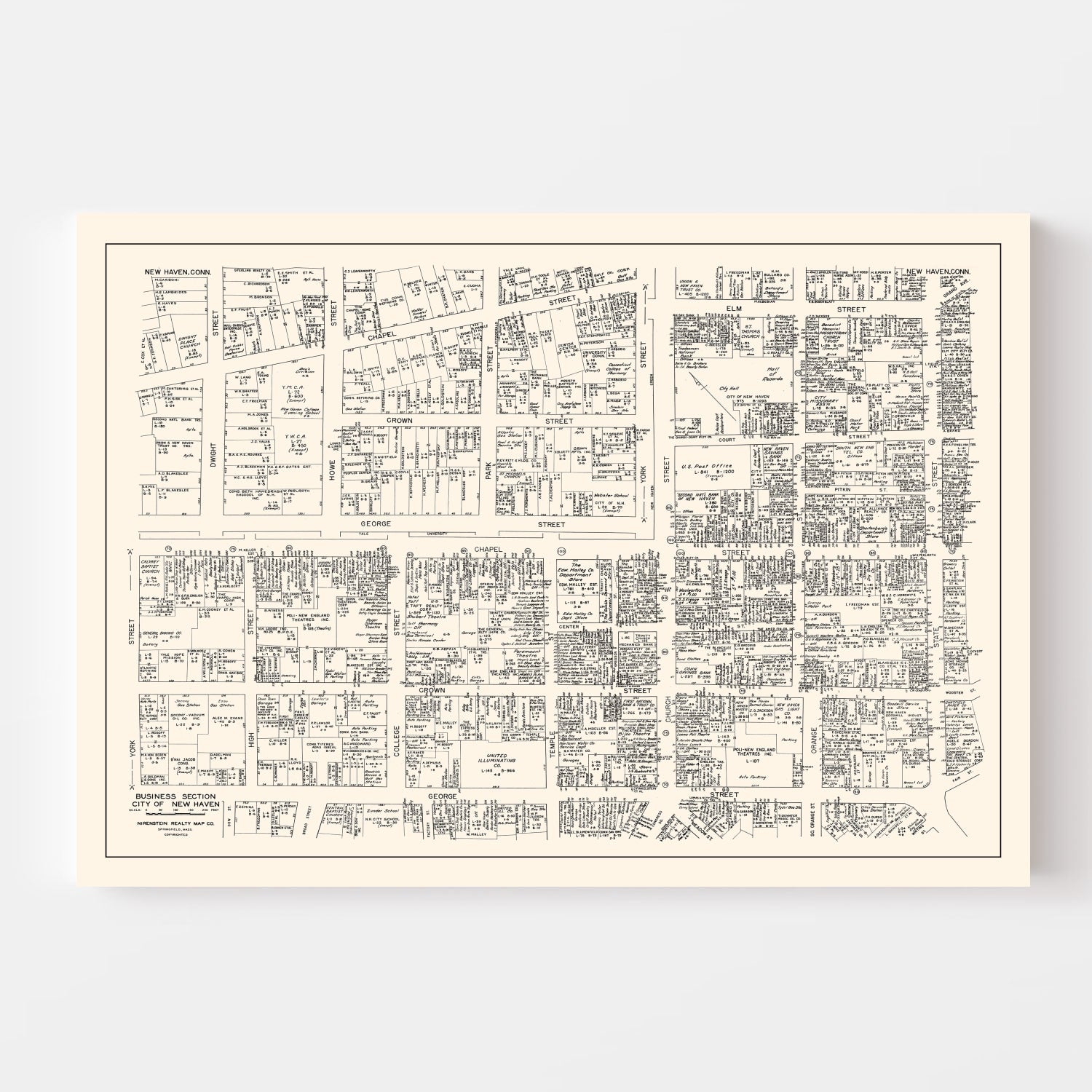 Vintage Map of New Haven, CT Business Section 1946