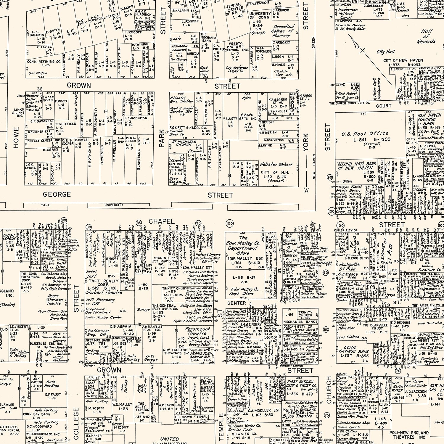 Vintage Map of New Haven, CT Business Section 1946