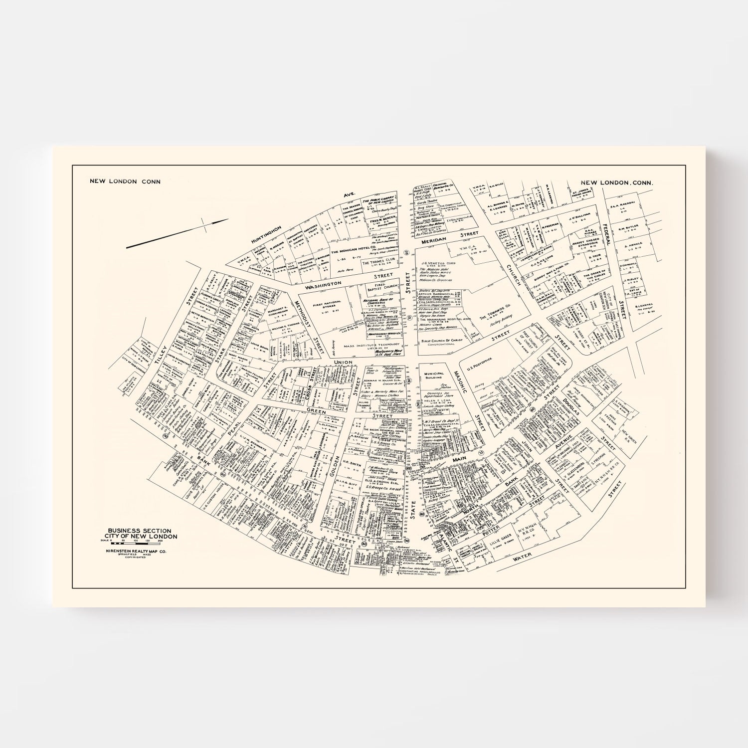 Vintage Map of New London, CT Business Section 1946