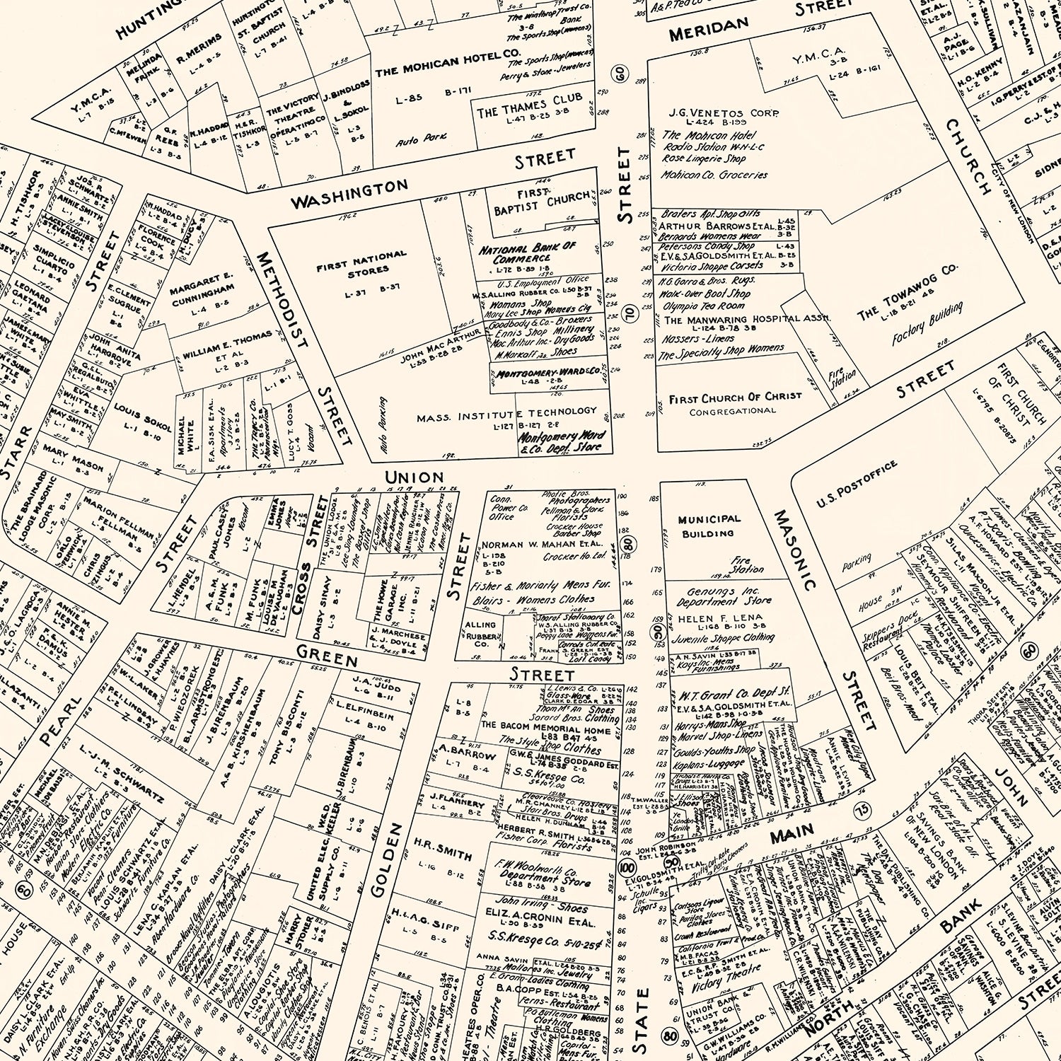 Vintage Map of New London, CT Business Section 1946